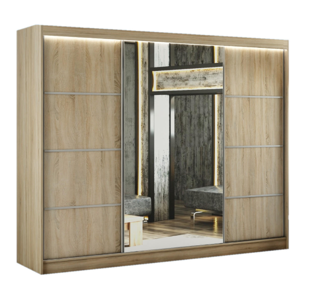 SCHWEBETÜRENSCHRANK Padwa 250 cm mit Spiegel 3-türig, Eiche sonoma und Eiche sonoma Front - Sonoma Eiche, Glas/Kunststoff (250/215/61cm) - Margaret Hadas24