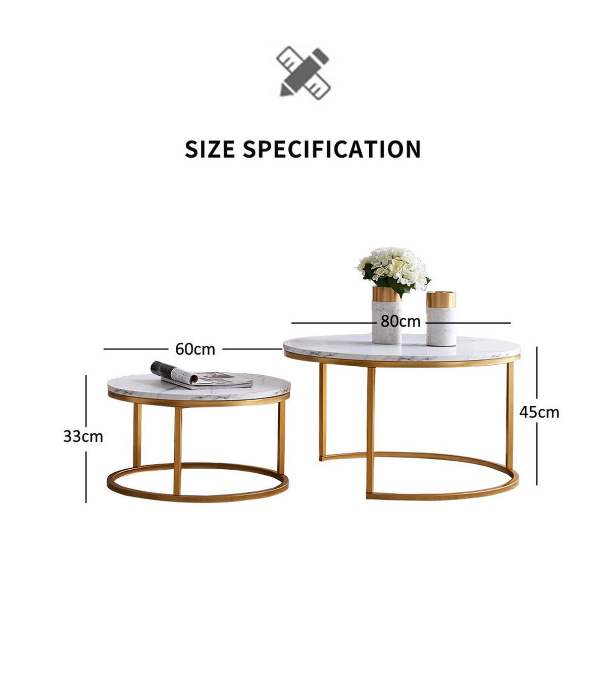 COUCHTISCH 2er-Set - Runder Beistelltisch in Marmoroptik Weiß mit Metallgestell - Gold - Goldfarben, Holzwerkstoff (80/80/45cm) - DELFA