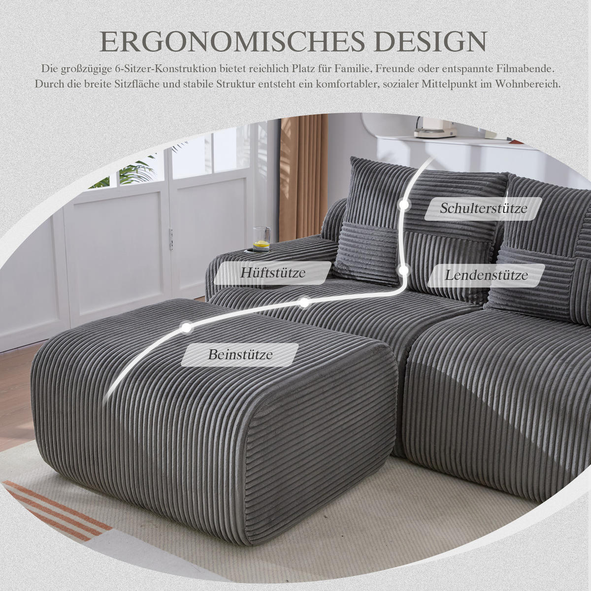 3-SITZER Wohnlandschaft Cord mit Getränkehalter und Seitentasche 268/174/80 cm Dunkelgrau - Dunkelgrau, Textil (174/80/268cm) - Redom