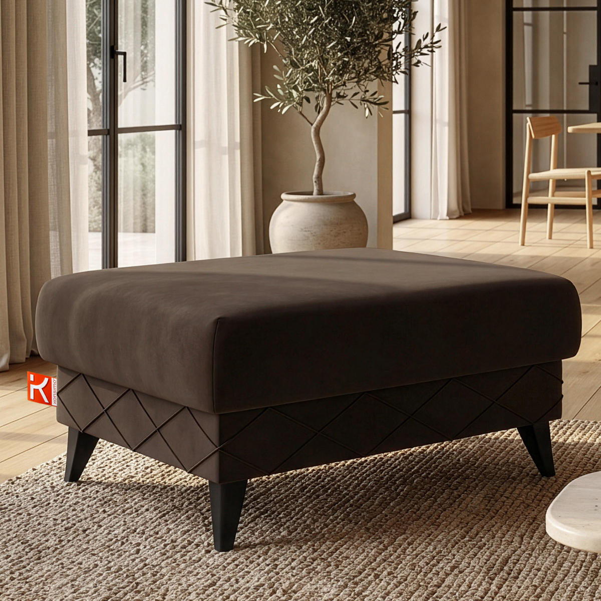 POUF GUSTAVO III Velours, Braun - Braun, Holz/Holzwerkstoff (92/49/92cm) - KONSIMO®
