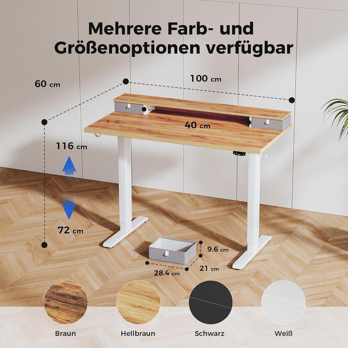 SCHREIBTISCH höhenverstellbar mit 2 Schubladen 100 x 60 cm Hellbraun - Braun, Holzwerkstoff (100/60/75cm)