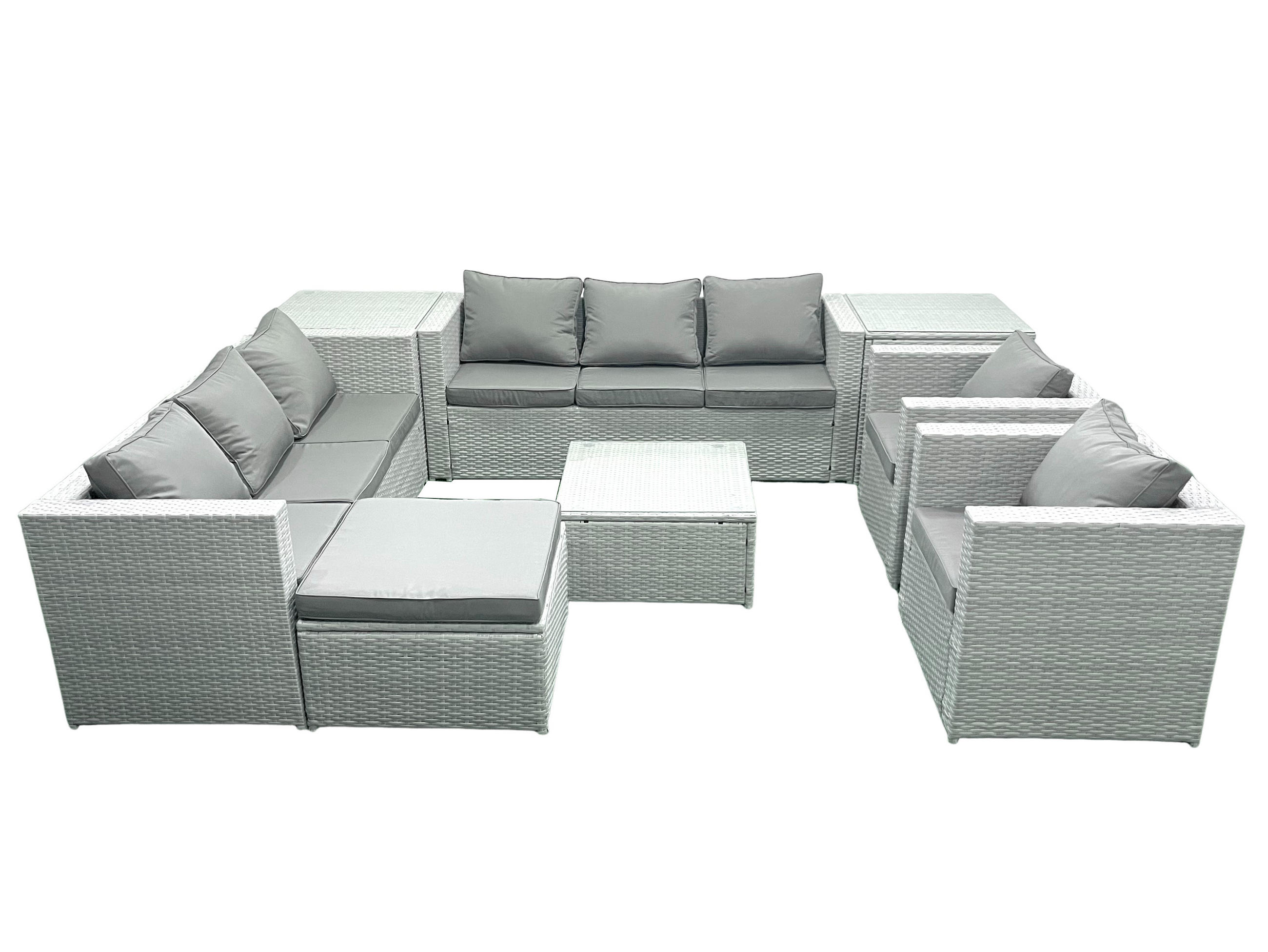 GARTENMÖBEL-SET mit Kissen Polyrattan Hellgrau-Mix 9-Sitzer - Hellgrau/Grau, Glas/Kunststoff - Fimous