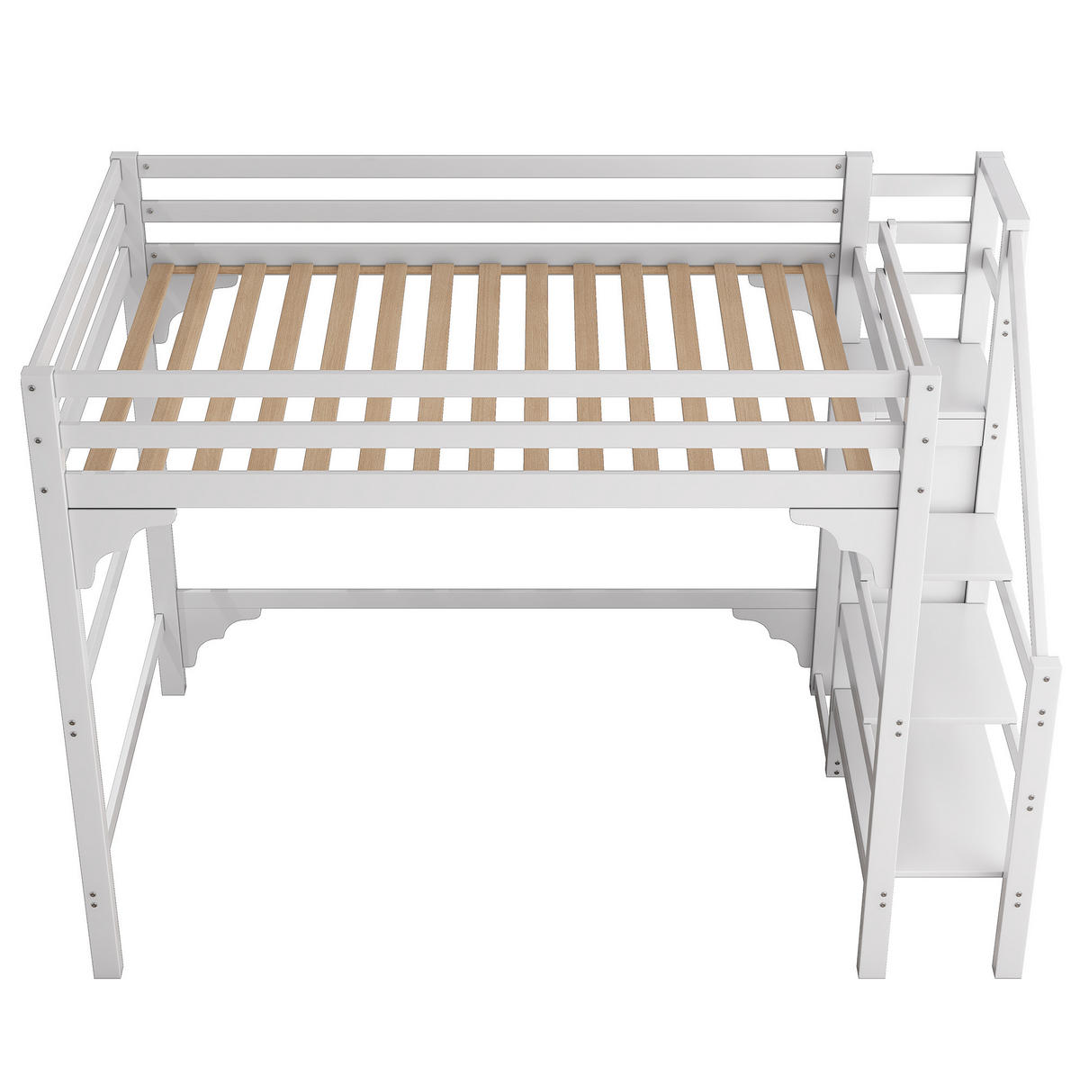 HOCHBETT aus Kiefer und MDF 140x200 cm Weiß mit Stufentreppe, Kleiderschrank und viel Stauraum - Weiß, Holz (140/200cm) - Modfu