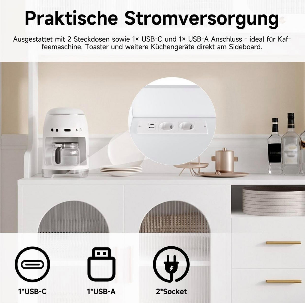 HOCHSCHRANK aus Holzwerkstoff 120x40x178 cm Weiß mit Stauraum, Steckdosen sowie USB-A- und USB-C-Anschluss - Weiß, Holzwerkstoff (120/178/40cm) - IVMEU