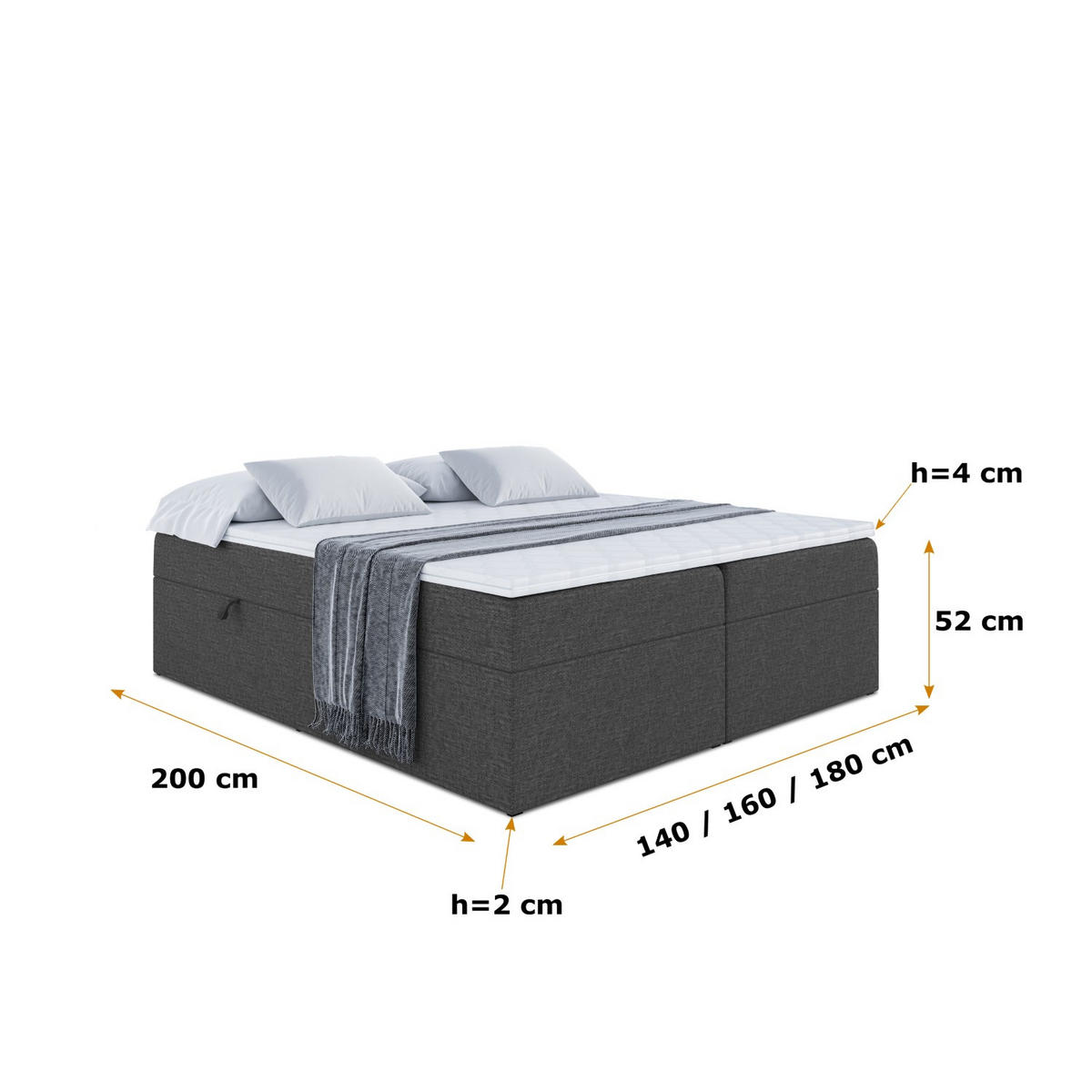 BOXBETT mit H4-Matratze und Lattenrost - MARCE BW - 160x200 Dunkelgrau - Dunkelgrau, Holzwerkstoff (160/200cm) - ALTDECOR
