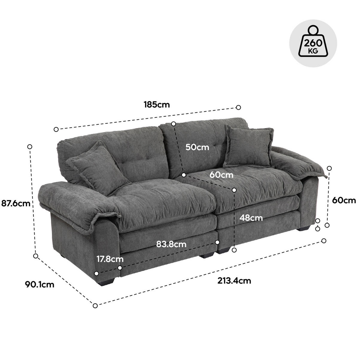 SOFA mit tiefem Sitz 214 x 89 x 93 cm Chenille Beige 2-Sitzer - Beige, Kunststoff (214/93/89cm) - Meubliv