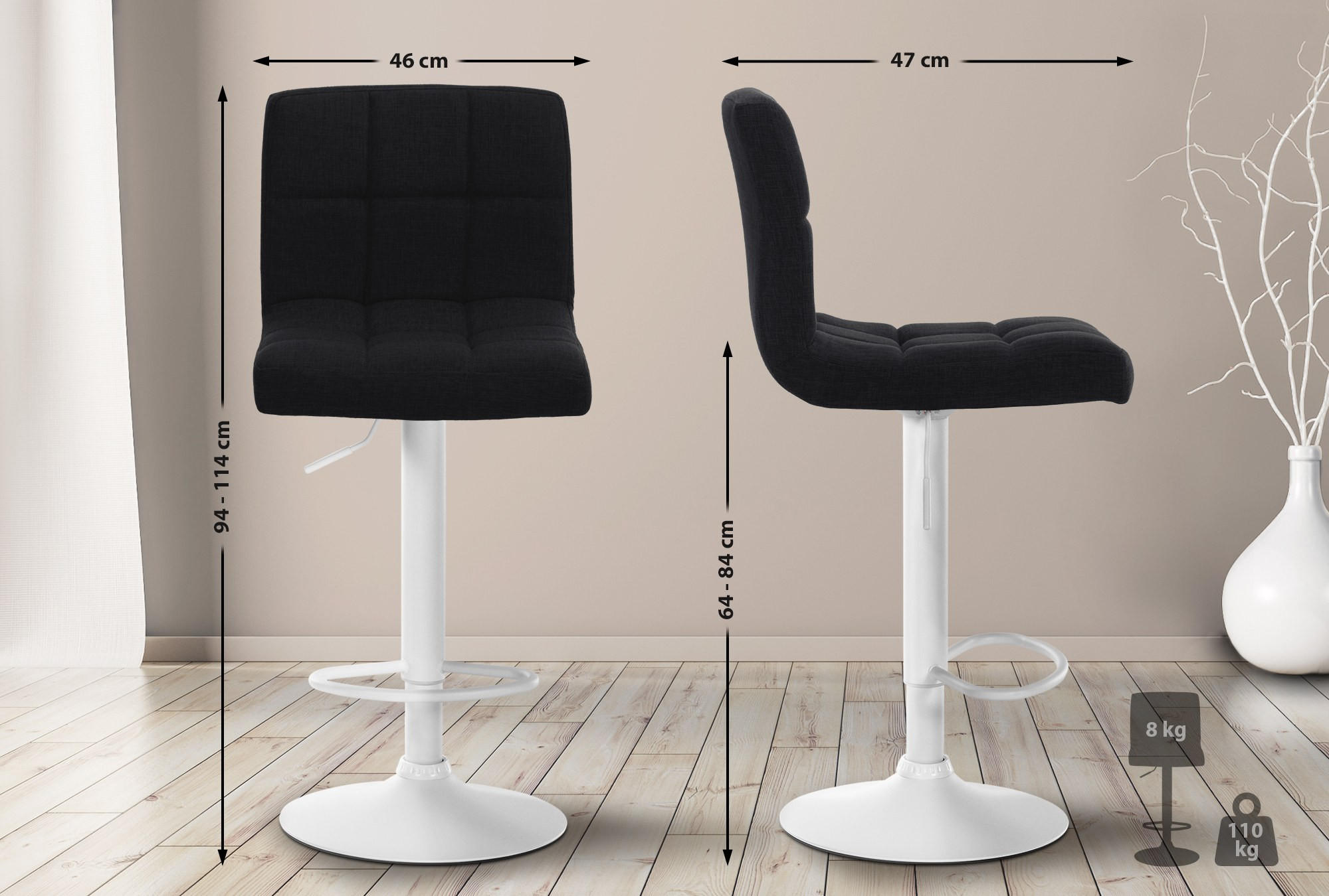 BARHOCKER 2er-Set MADRID Schwarz Stoff Weiß - Schwarz, Textil/Metall (46/94/47cm) - DELUKE