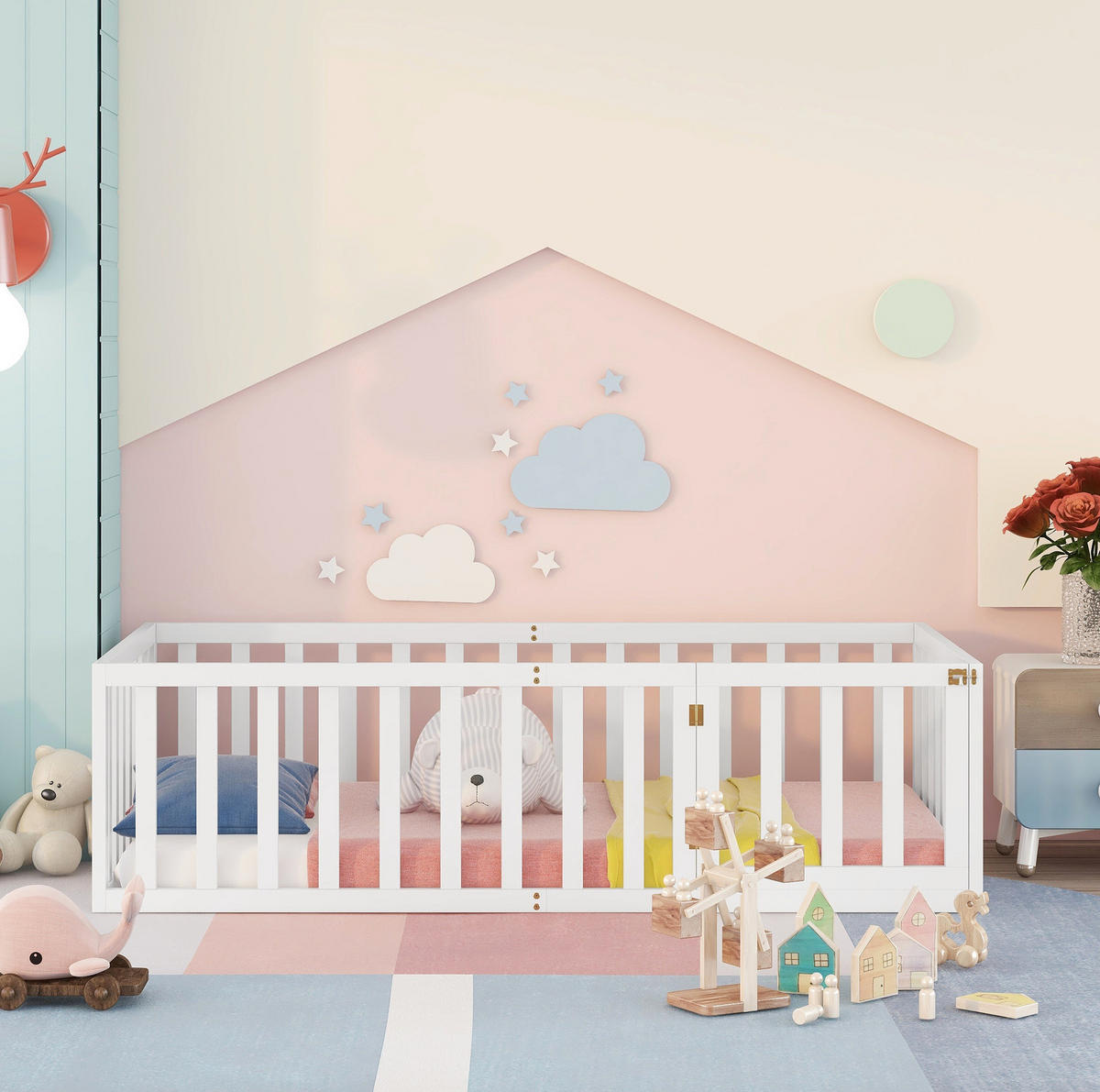 DETSKÁ posteľ 90/200 cm biela s ohrádkou a dvierkami z masívneho dreva - biela, drevo (90/200cm) - OKWISH