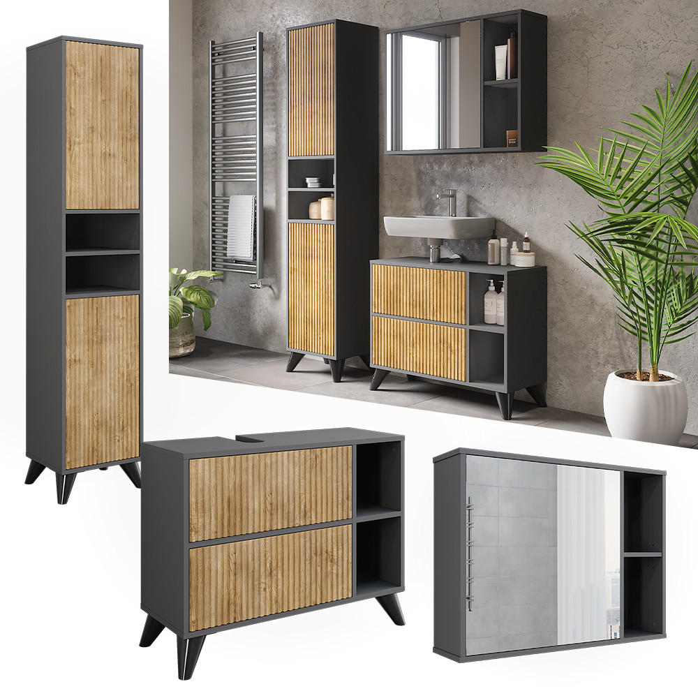BADMÖBEL-SET Leano Anthrazit/Bergeiche 80 cm, Set 3 - Eichefarben/Anthrazit, Holzwerkstoff (80/62/30cm) - Vicco