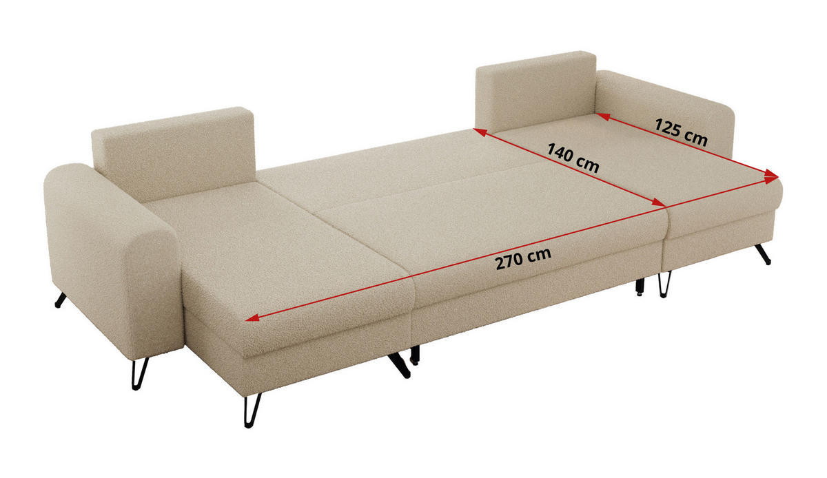 WOHNLANDSCHAFT AXEL U Boucle Beige - Beige/Schwarz, Textil/Metall (312/90/140cm) - MKS