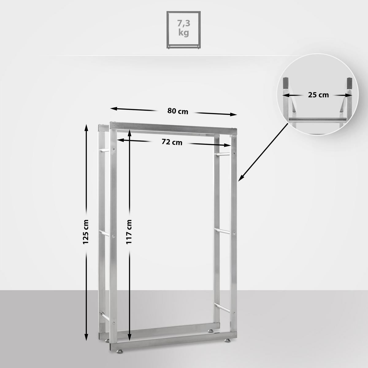 KAMINHOLZREGAL innen Metall SATLO Kaminholzständer Edelstahl 25x80x125 cm - Edelstahlfarben, Metall (125/80/25cm) - DELUKE