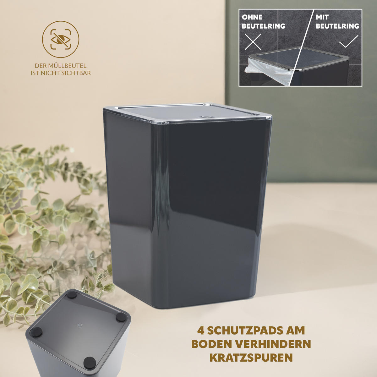 KOSMETIKEIMER SAVONA 6 Liter, grau, Kunststoff - Grau, Kunststoff (19/24.5/18cm) - bremermann