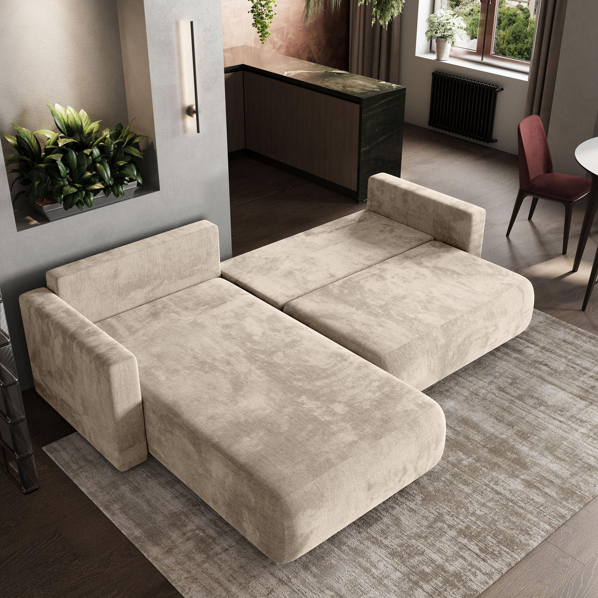ECKSOFA TURIN M Creme Velours-Stoff mit Schlaffunktion - Creme/Grau, Holz/Kunststoff (265/183cm) - MASSENO