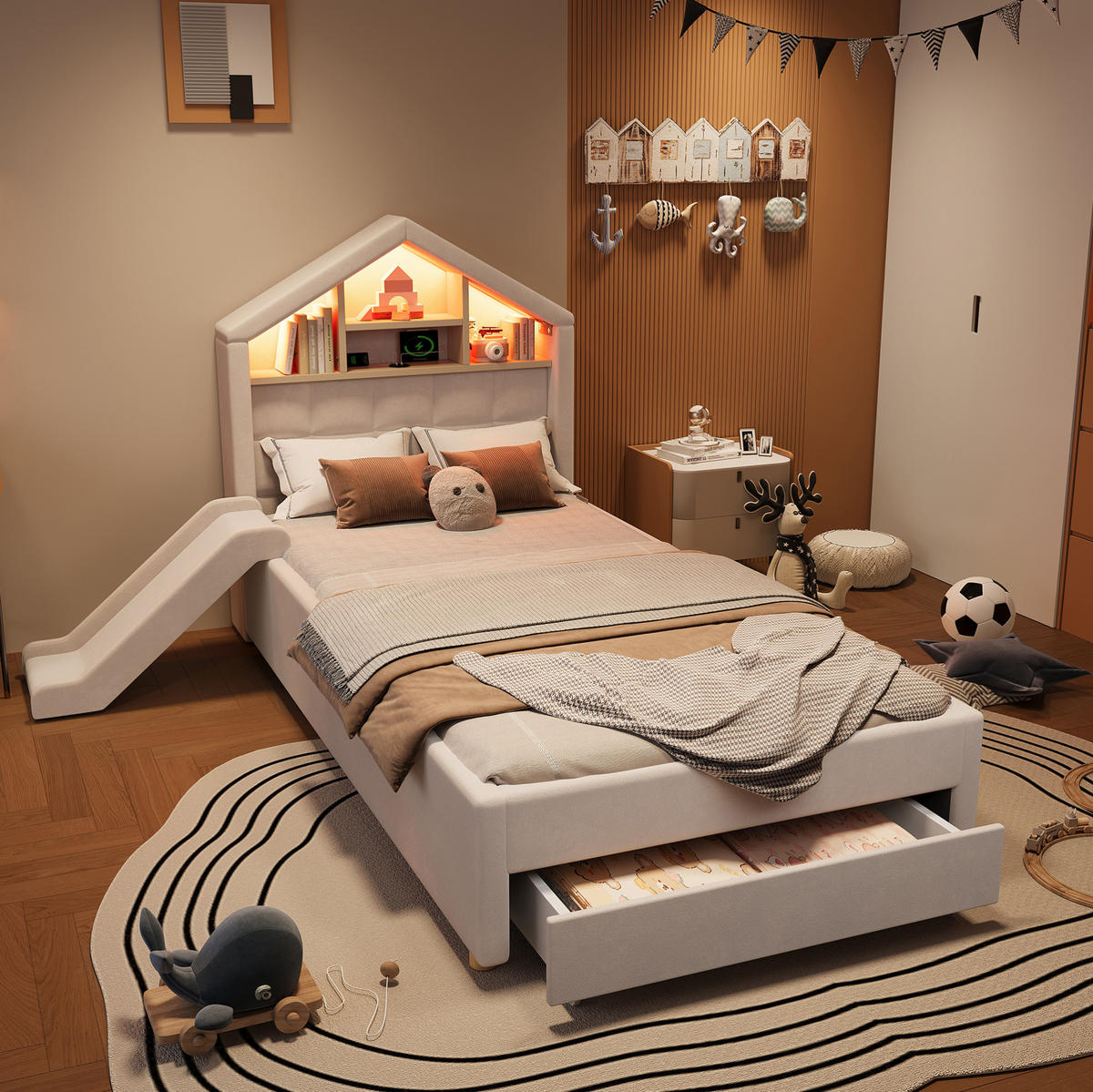 KINDERBETT-POLSTERBETT aus Samt 90x200 cm Beige mit LED-Beleuchtung, Ladeanschluss, Rutsche und Bettkasten - Beige, Textil (90/200cm) - Modfu