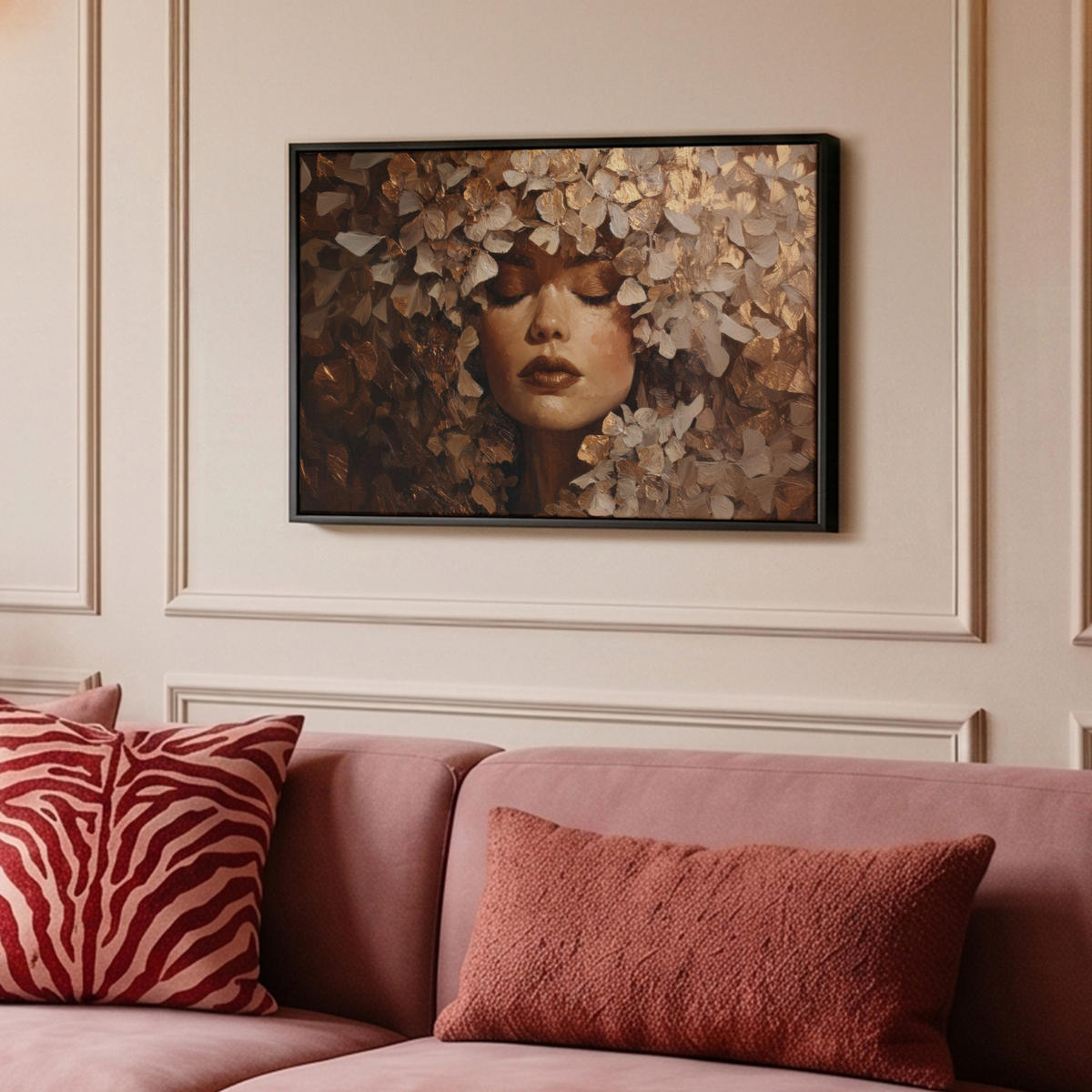 LEINWAND Bilder mit Rahmen - Gesicht - Dame - Blätter - Pinselstriche - 60x40 - Goldfarben, Textil (60/40cm) - MuchoWow