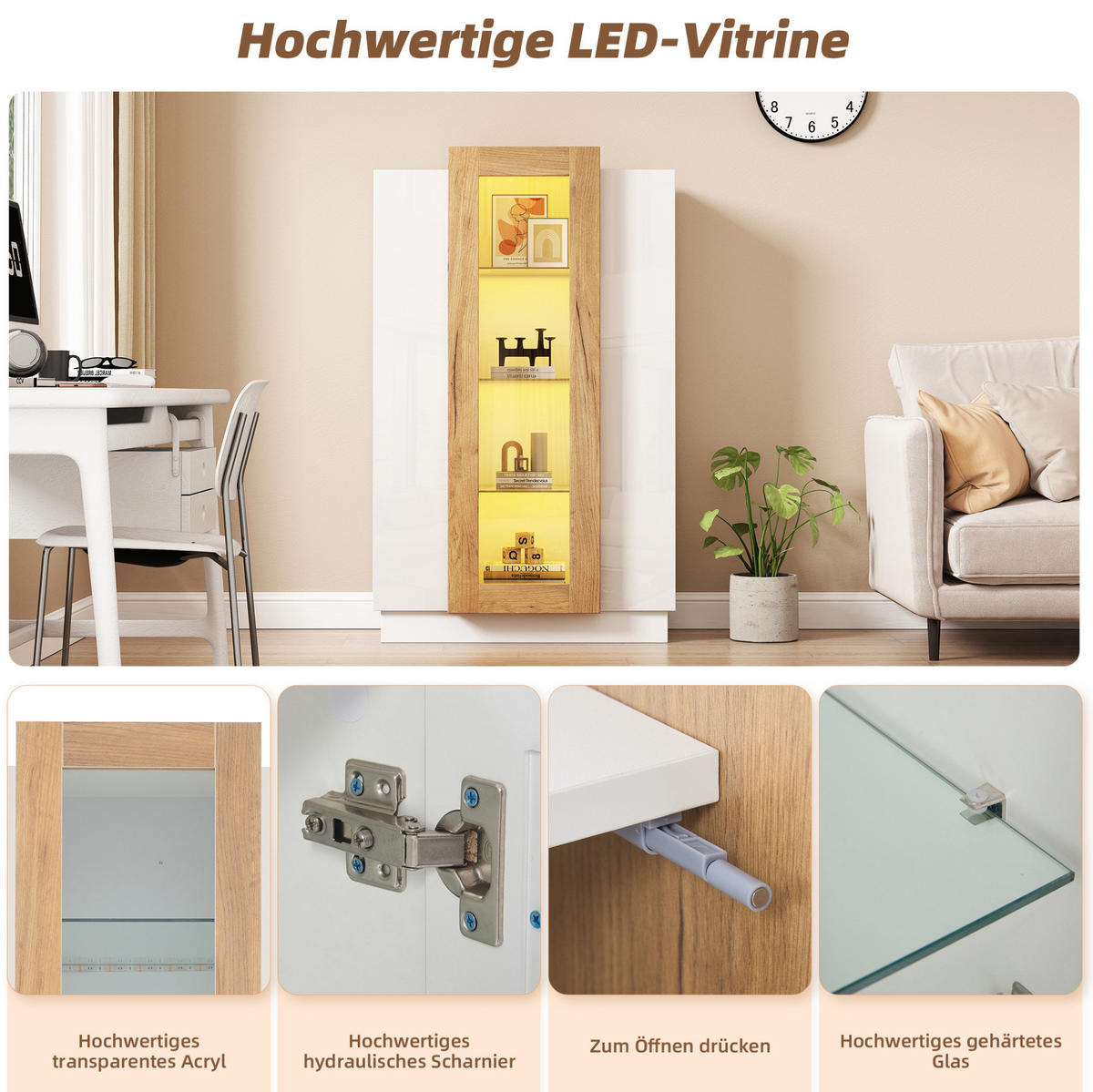 WOHNZIMMERVITRINE aus Spanplatte 74x40x120 cm Weiß/Natur mit LED-Beleuchtung, 3 Türen und Acrylfront - Weiß, Holzwerkstoff (74/120/40cm) - Modfu