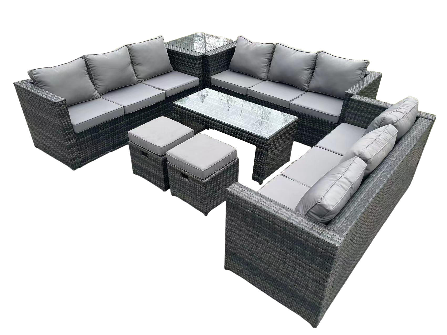 LOUNGESOFA Polyrattan 11-Sitzer - Dunkelgrau/Grau, Glas/Kunststoff - Fimous