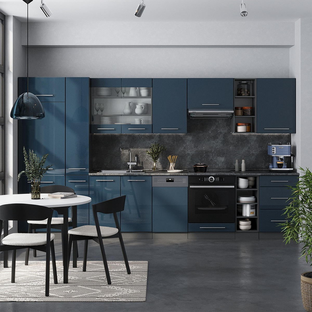 KÜCHENZEILE Fame-Line Dunkelblau Hochglanz/Anthrazit 355 cm , AP Anthrazit - Anthrazit/Dunkelblau, Holzwerkstoff (355/81.6/60cm) - Vicco