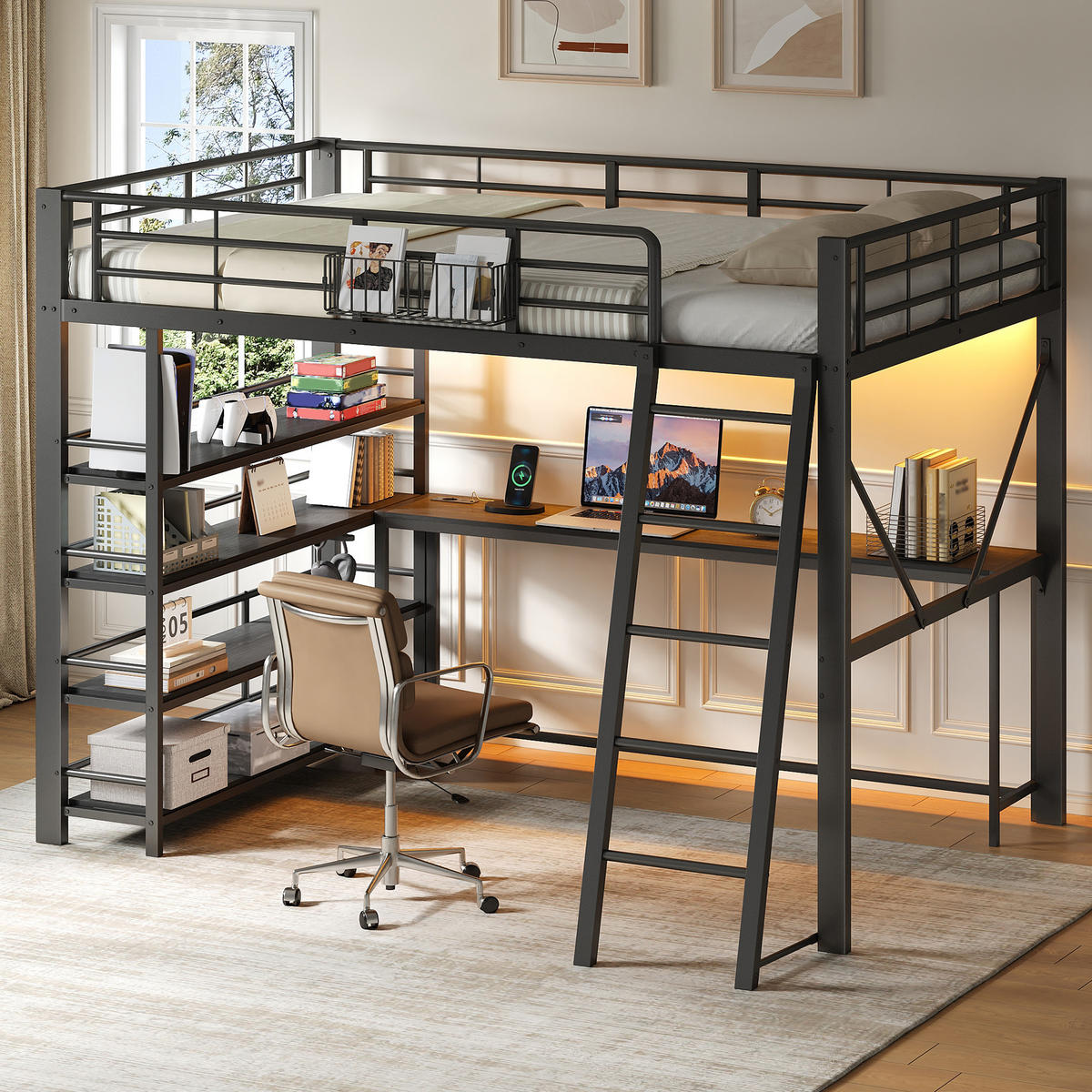 HOCHBETT 140/200 cm in Schwarz mit Schreibtisch, Regal, Aufbewahrungskorb, LED und USB Metallbett - Schwarz, Holzwerkstoff/Metall (140/200cm) - STILVORA