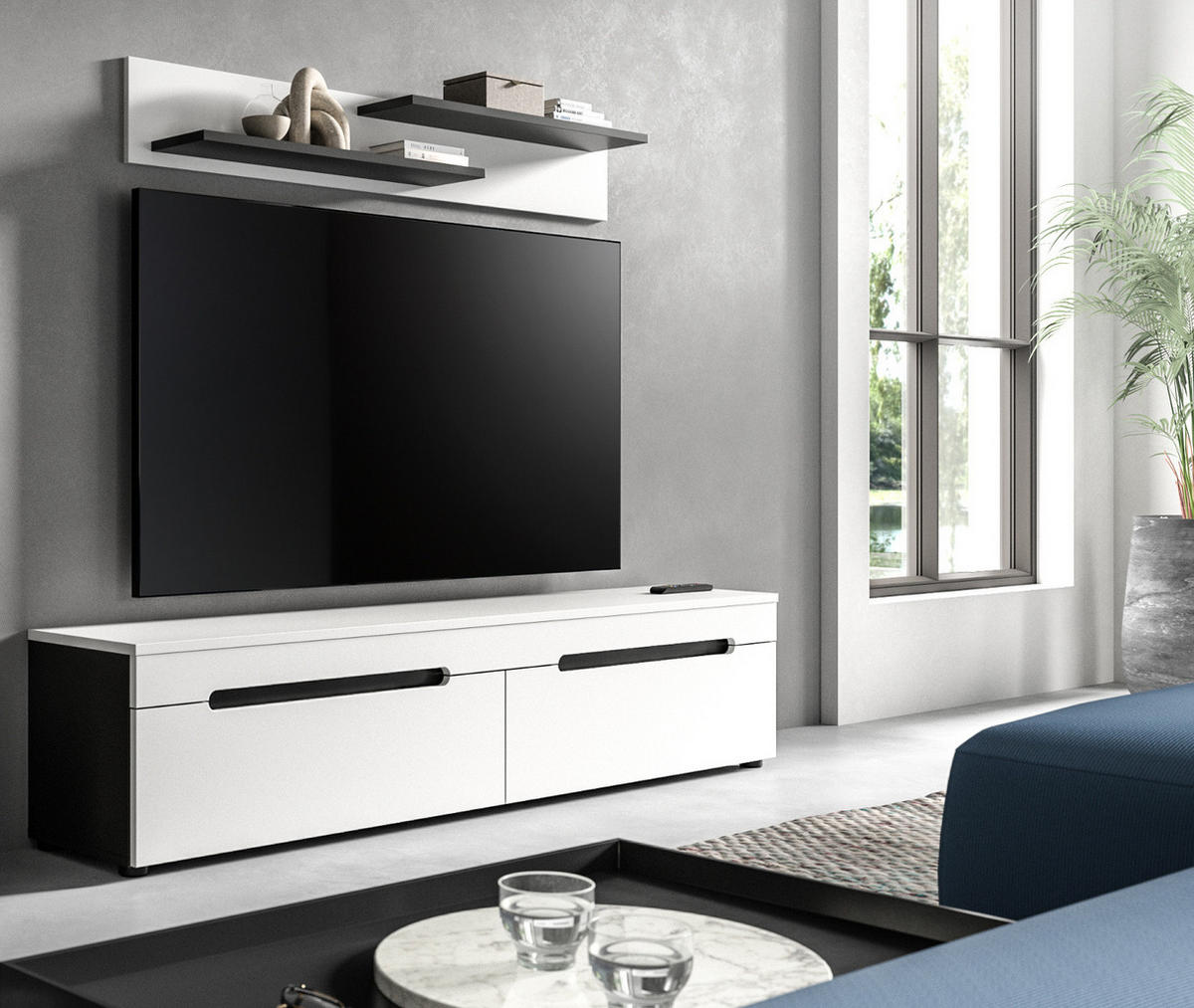 WOHNWAND weiß, grau mit TV-Lowboard hängend / stehend und Wandboard 170 cm, Cooper - Schwarz/Weiß, Holzwerkstoff/Kunststoff (170/180/33cm) - Inn.Furn