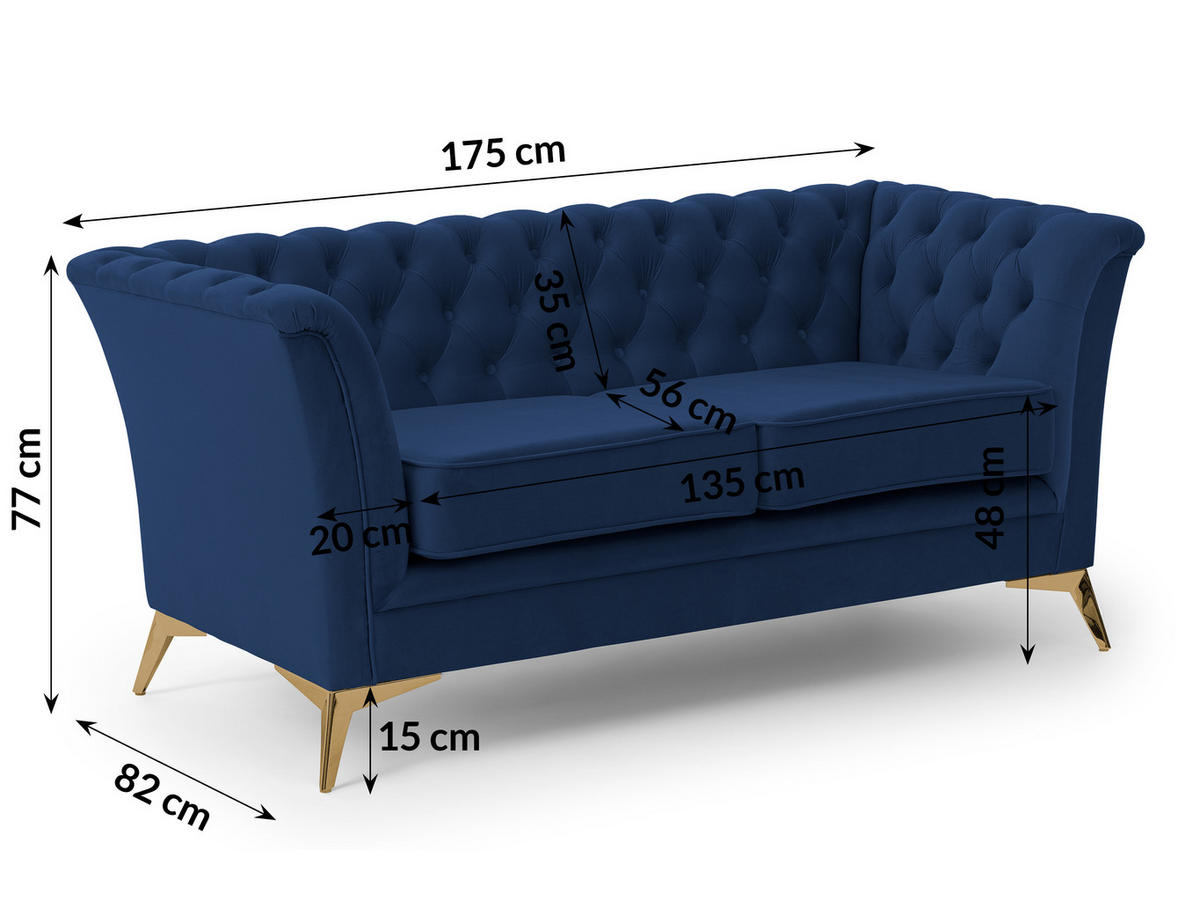 SITZGARNITUR 3+2+1 Chesterfield Whitby Marineblau Samt mit goldenen Füßen - Blau/Goldfarben, Holz/Textil (237/78/82cm) - S-Style Möbel