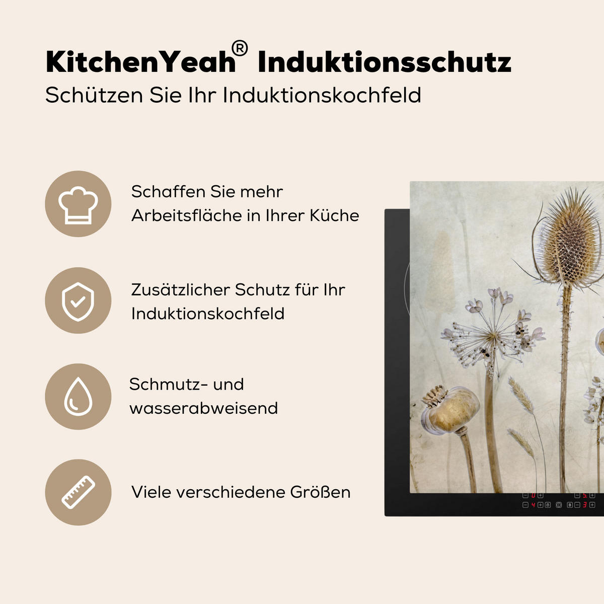 HERDABDECKPLATTE Blumen - Aquarell - Stilleben - Braun - Vintage 91x52 cm - Sandfarben, Kunststoff (91.2/52/0.2cm) - MuchoWow