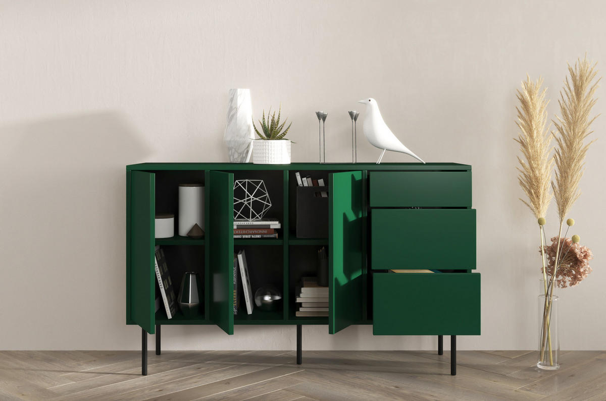 SIDEBOARD Mirka, Grün, Push to Open System, Minimalistisch - Dunkelgrün/Schwarz, Holzwerkstoff/Metall (130/80/40cm) - Dancan
