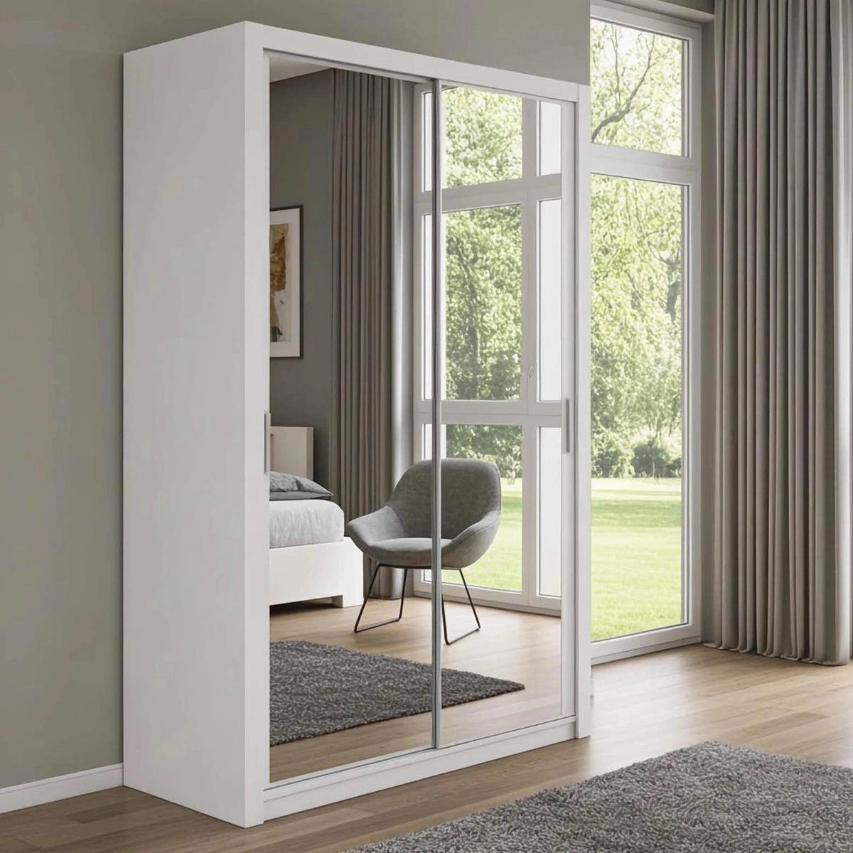 SCHIEBETÜRENSCHRANK Tamiza 150/215/62 mit Spiegel - Silberfarben/Weiß, Holzwerkstoff/Kunststoff (150/215/62cm) - Ravio