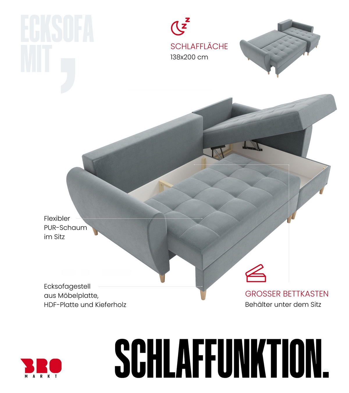 ECKSOFA Henry mit Schlaffunktion Blau Samtstoff - Blau, Textil (232/141cm) - Bromarkt