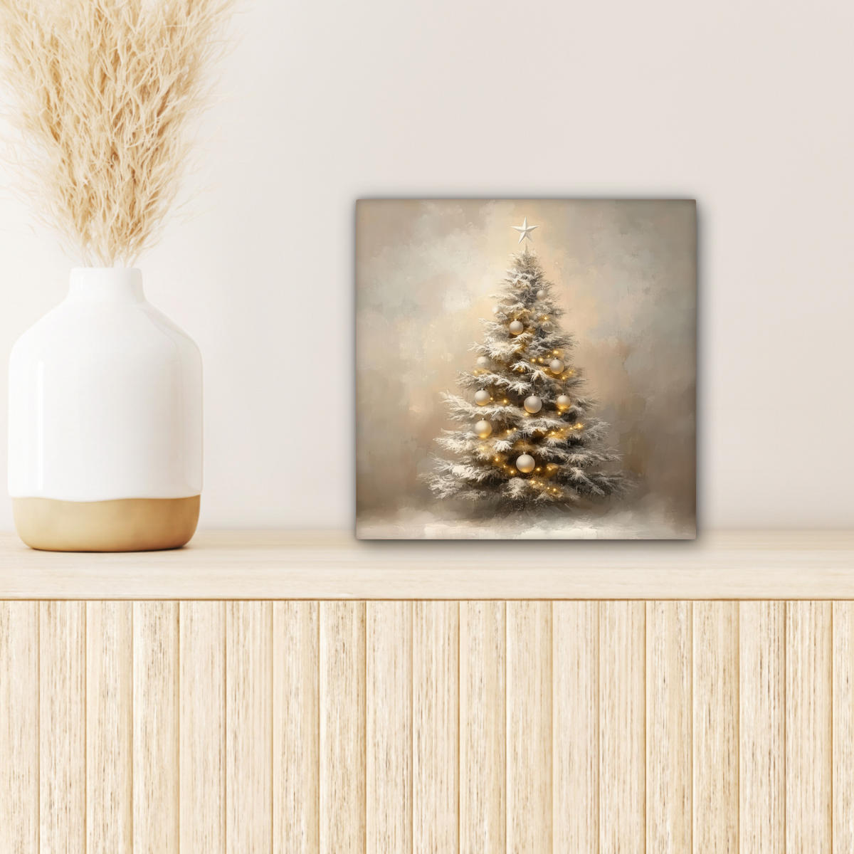 LEINWANDBILD Weihnachten - Weihnachtsbaum - Schnee - Kunst Deko Wohnzimmer 20x20 cm - Champagner, Textil (20/20cm) - MuchoWow