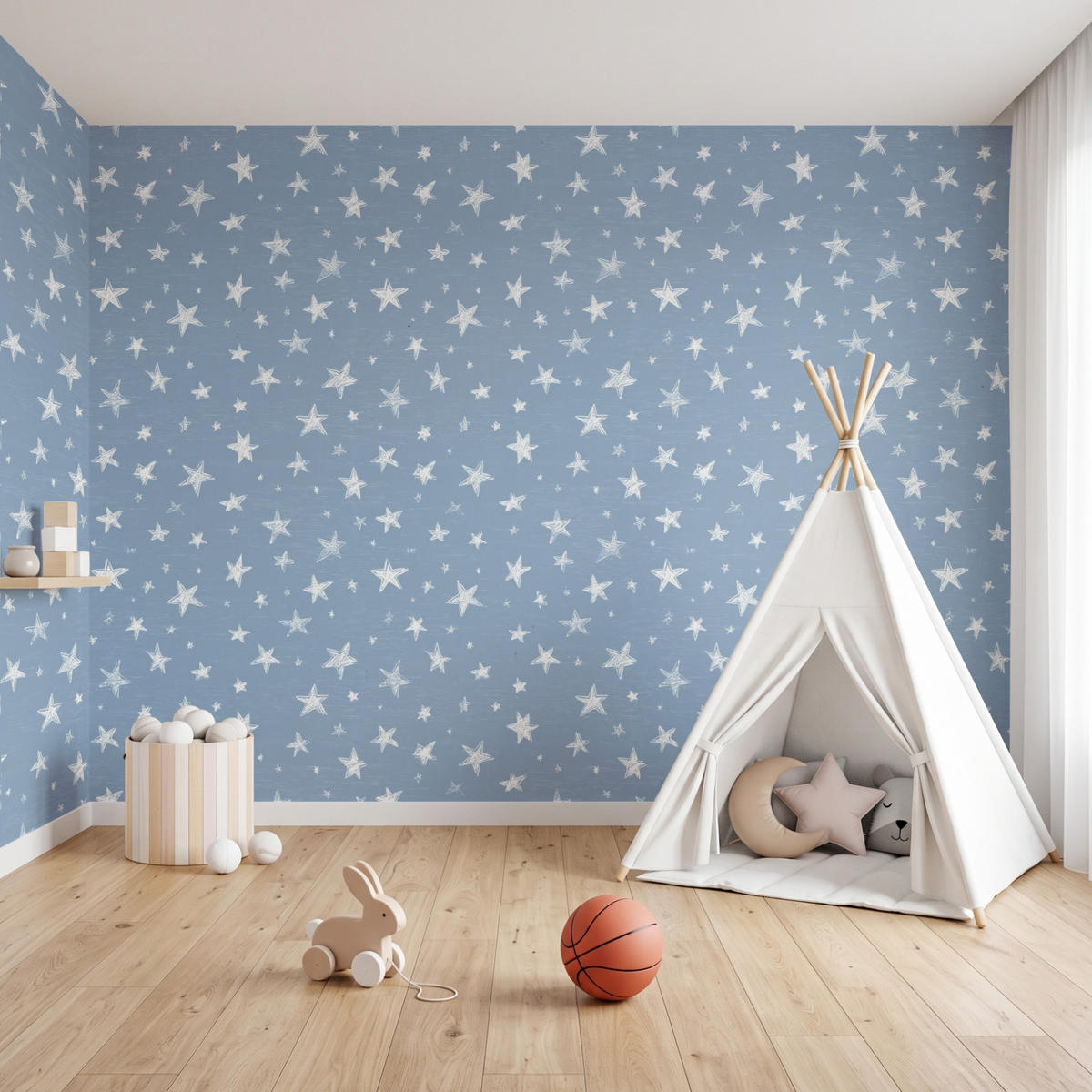 KINDERTAPETE - Sterne - Muster - Blau - 450x300 cm - Hellblau, Papier (450/300cm) - OnlyWow
