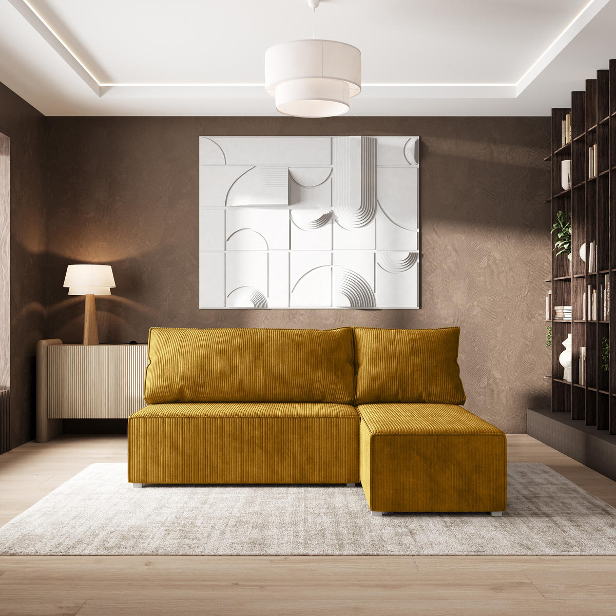 ECKSOFA BRISO P Gelb Kordstoff mit Schlaffunktion - Gelb/Grau, Holz/Kunststoff (200/140cm) - MASSENO