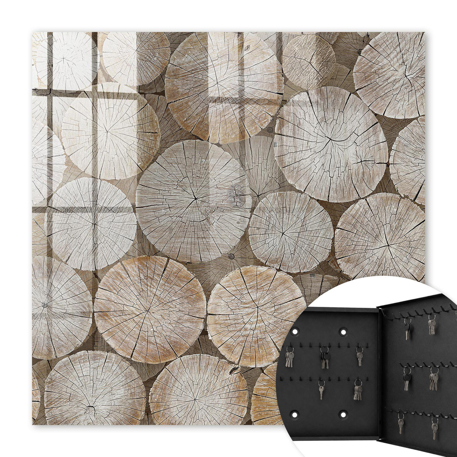 SCHLÜSSELBOX Schwarz 30x30 cm- Türöffnung nach rechts - Holzkreise - Beige, Metall (30/30/5cm) - TULUP