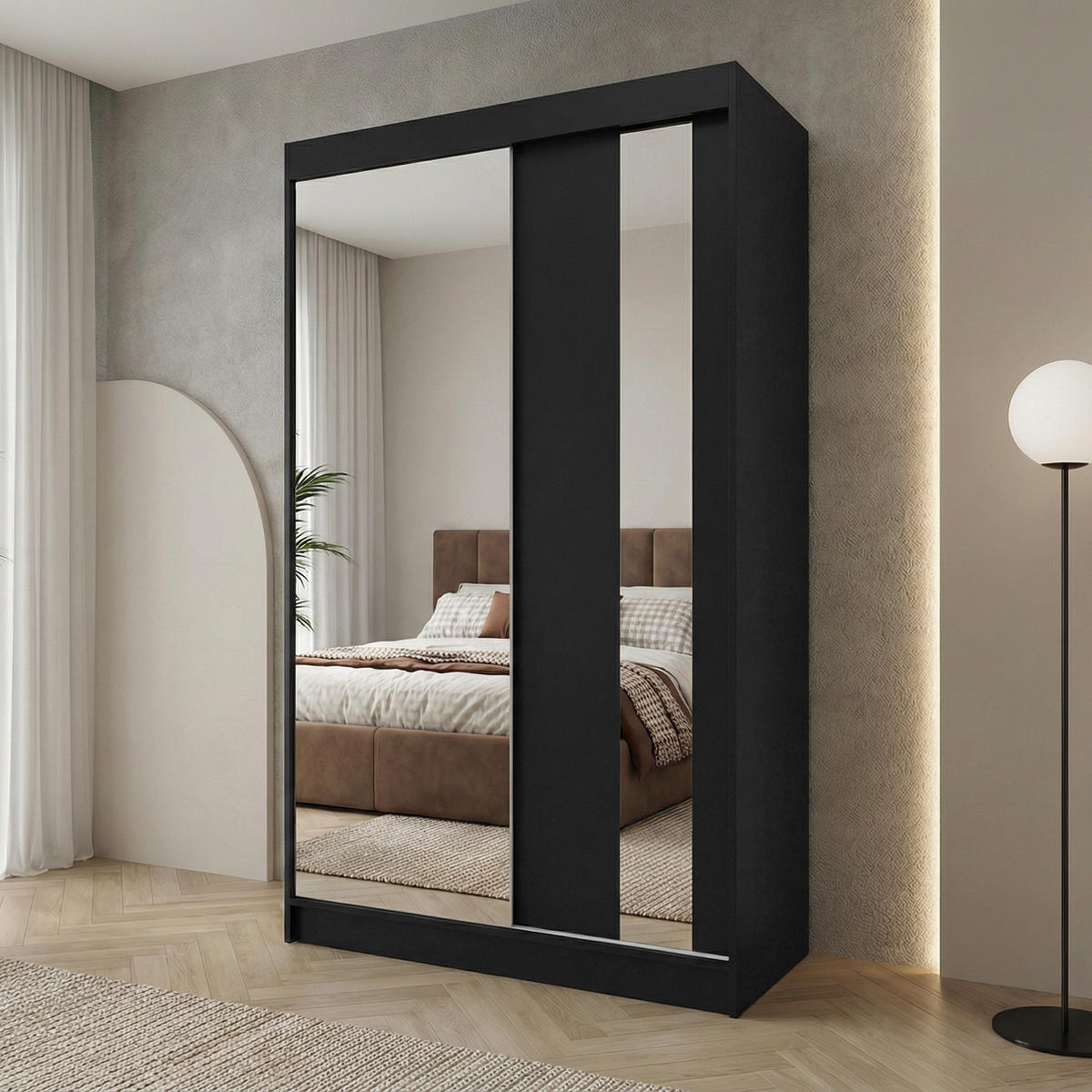 SCHWEBETÜRENSCHRANK Gaja 120/216/61 schwarz mit Spiegel und Schubladen - Schwarz, Holzwerkstoff (120/216/61cm) - Beautysofa