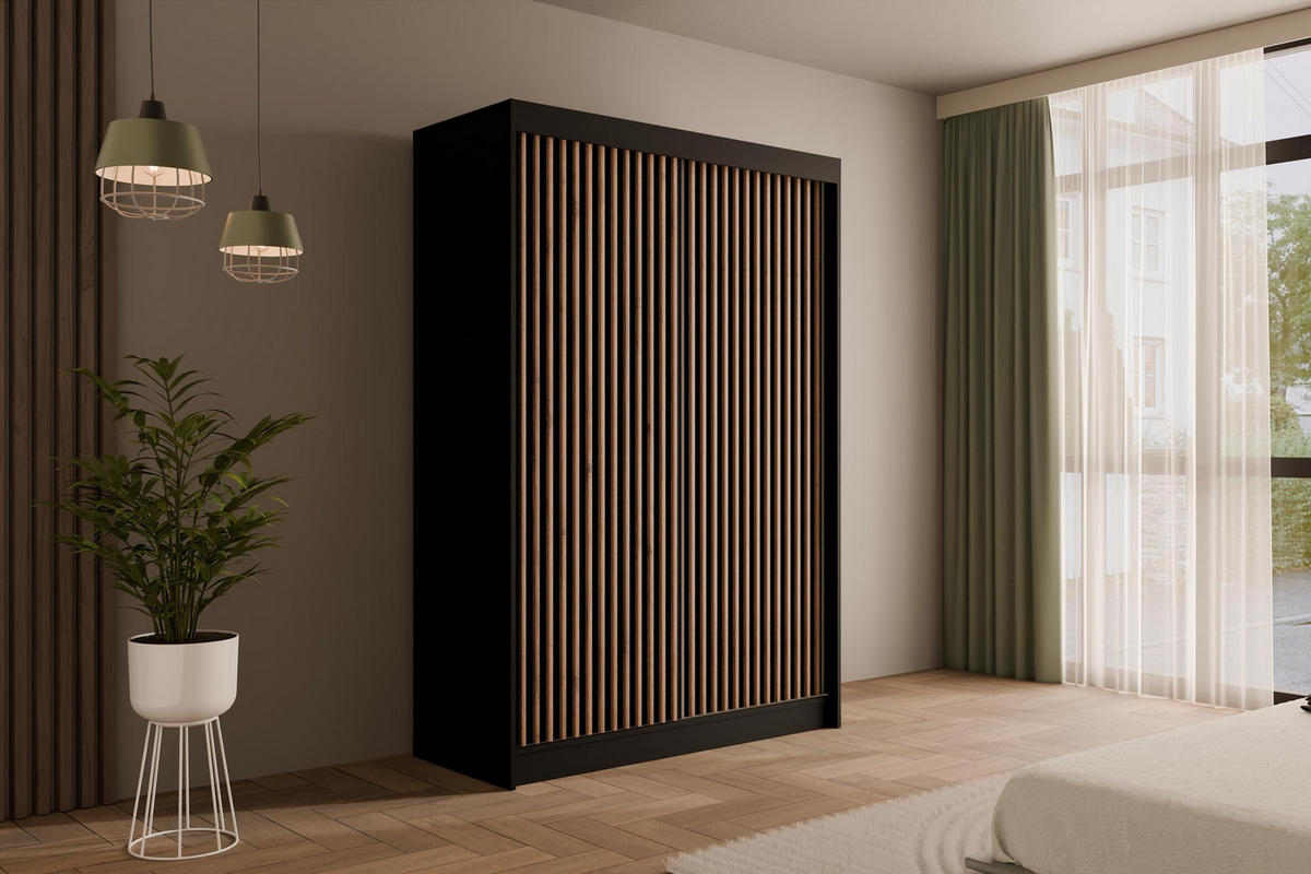KLEIDERSCHRANK mit Lamel-Schiebetüren VILANv2 - 120 cm Schwarz + Lamelle Eiche Wotan - Eiche Wotan/Schwarz, Holzwerkstoff (120/215/61cm) - ALTDECOR