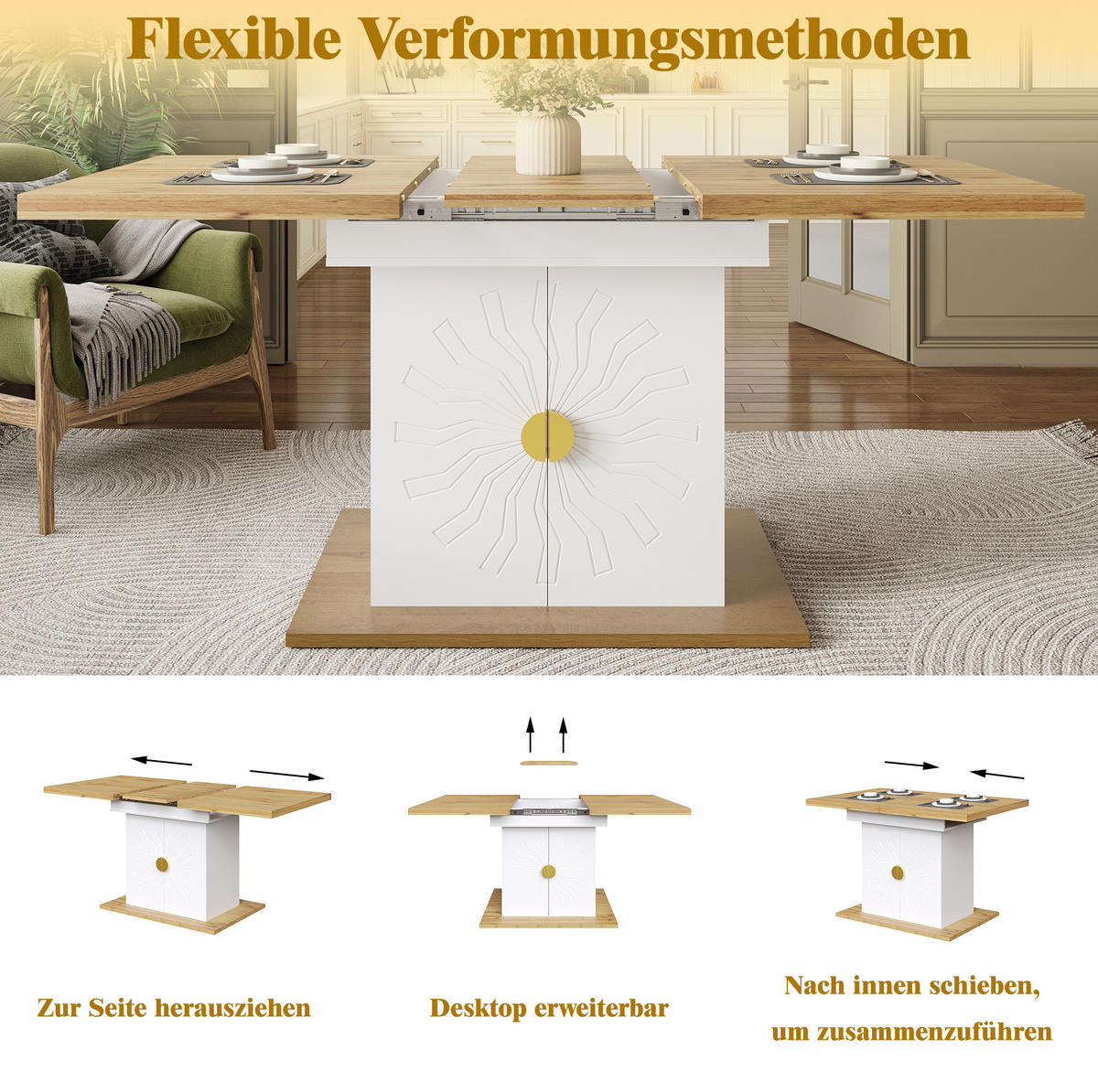 ESSTISCH aus MDF 110(140)x70x76 cm Weiß mit Ausziehfunktion und 2 Ablageböden - Weiß, Holzwerkstoff (110/70/76.5cm) - Modfu