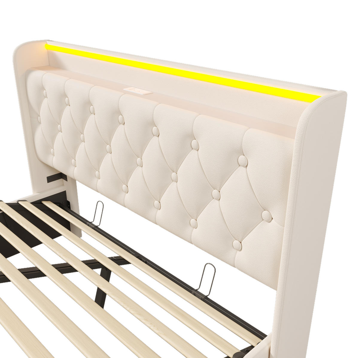 POLSTERBETT aus PU 160x200 cm Weiß mit LED-Beleuchtung, USB-C und hydraulischem Bettkasten - Weiß, Leder (160/200cm) - IVMEU