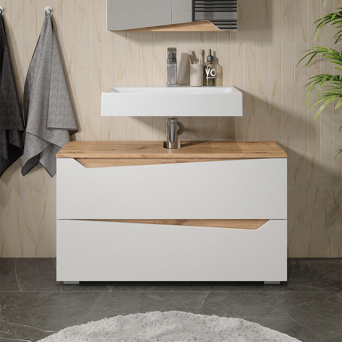 WASCHBECKENUNTERSCHRANK Marelle, Weiß/Artisan-Eiche, 100 x 57.5 cm mit 2 Schubladen - Weiß/Eiche Artisan, Holzwerkstoff (100/57.5/35cm) - Vicco