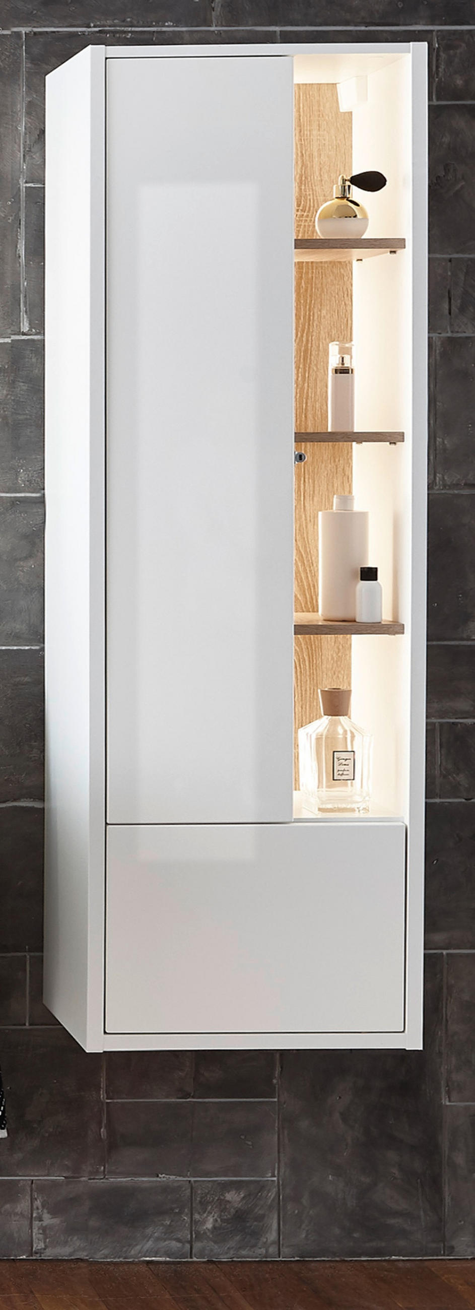 HOCHSCHRANK weiß Hochglanz, Eiche 45 cm, Badschrank inklusive Beleuchtung - Weiß Hochglanz, Holzwerkstoff (45/150/30cm) - Furn.Design