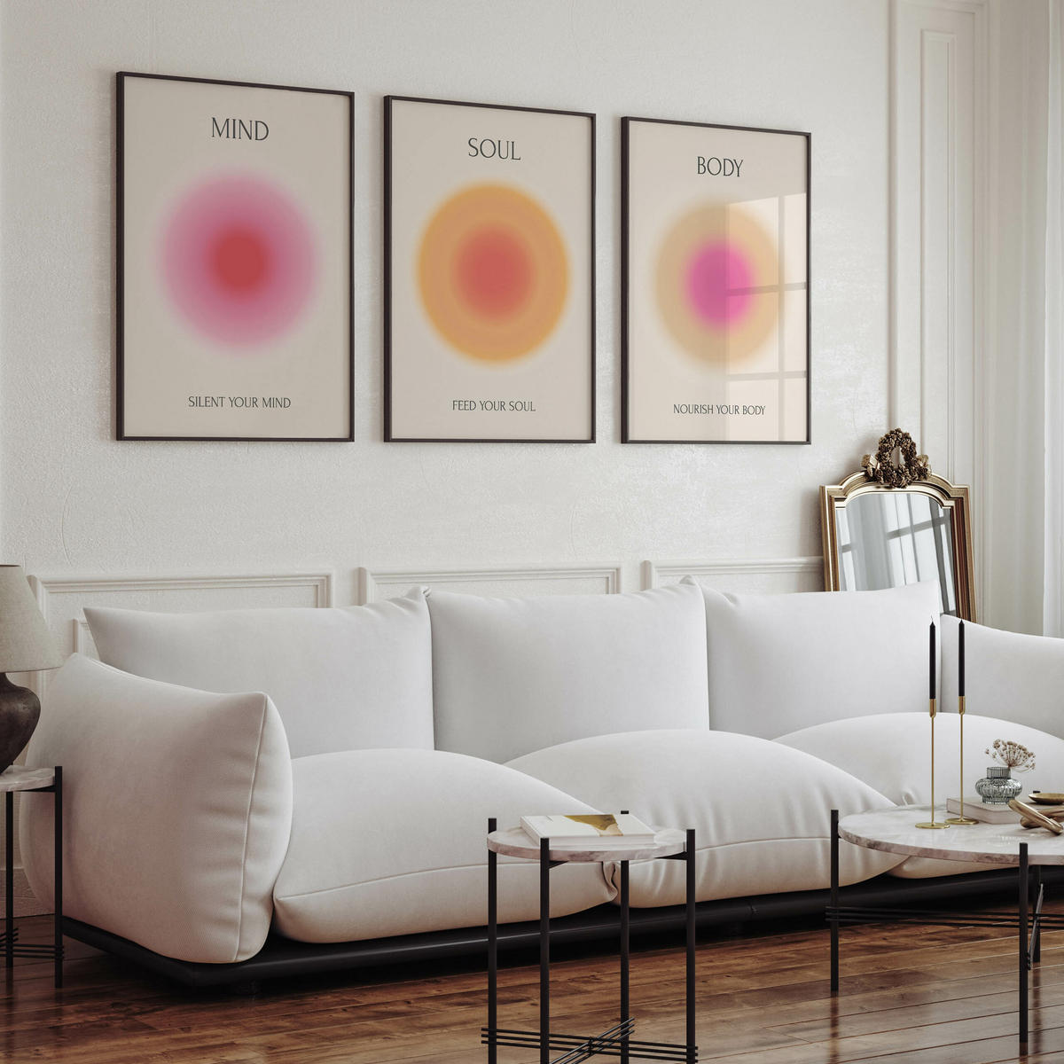 POSTER SET Aura Affirmationen Zitate Geist Seele Körper 3x Poster A3 30x42cm - Rot/Rosa, Papier (30/42/42cm) - Muralo