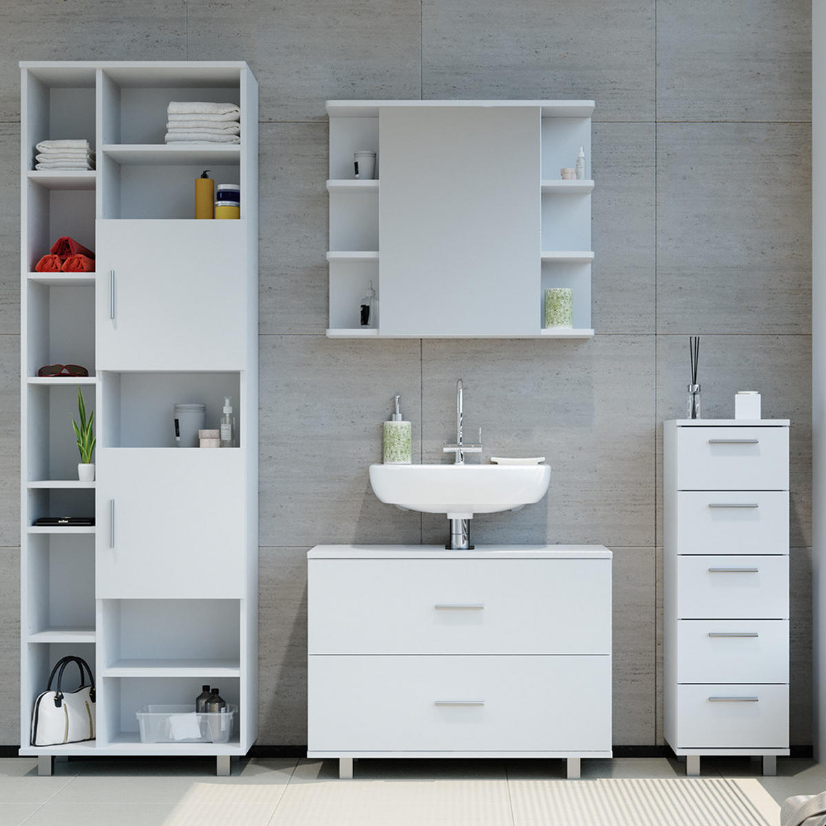 BADMÖBEL-SET Ilias Weiß 4 Teile, mit Hochschrank - Weiß, Holzwerkstoff (80.2/60.8/33cm) - Vicco