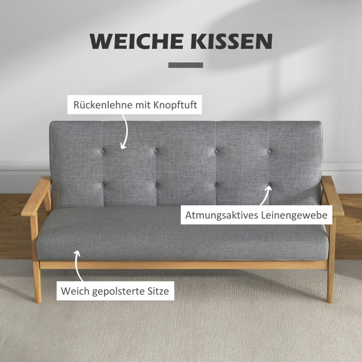 DREISITZER-POLSTERSOFA Leinen Knopfdetails, Holzgestell 154,5/69,5/73 cm Dunkelgrau - Dunkelgrau, Textil (69.5/73/154.5cm) - Redom