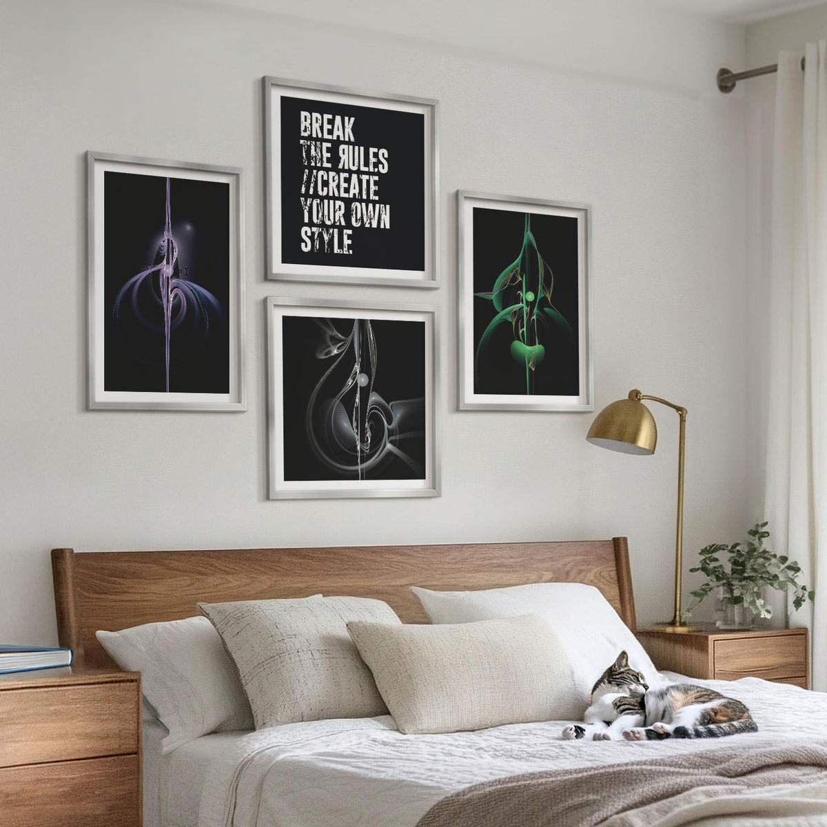 BILDER SET 4er Set - 50x50 cm & 40x60 cm Silberner Rahmen - Abstrakte schwarze Muster - Silberfarben, Kunststoff (50/50cm) - TULUP