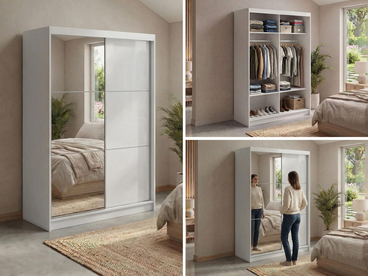 SCHWEBETÜRENSCHRANK mit Spiegel - WALENCJA - 150 - Weiß lacobel - Alufarben/Weiß, Holzwerkstoff/Metall (150/216/61cm) - MKS