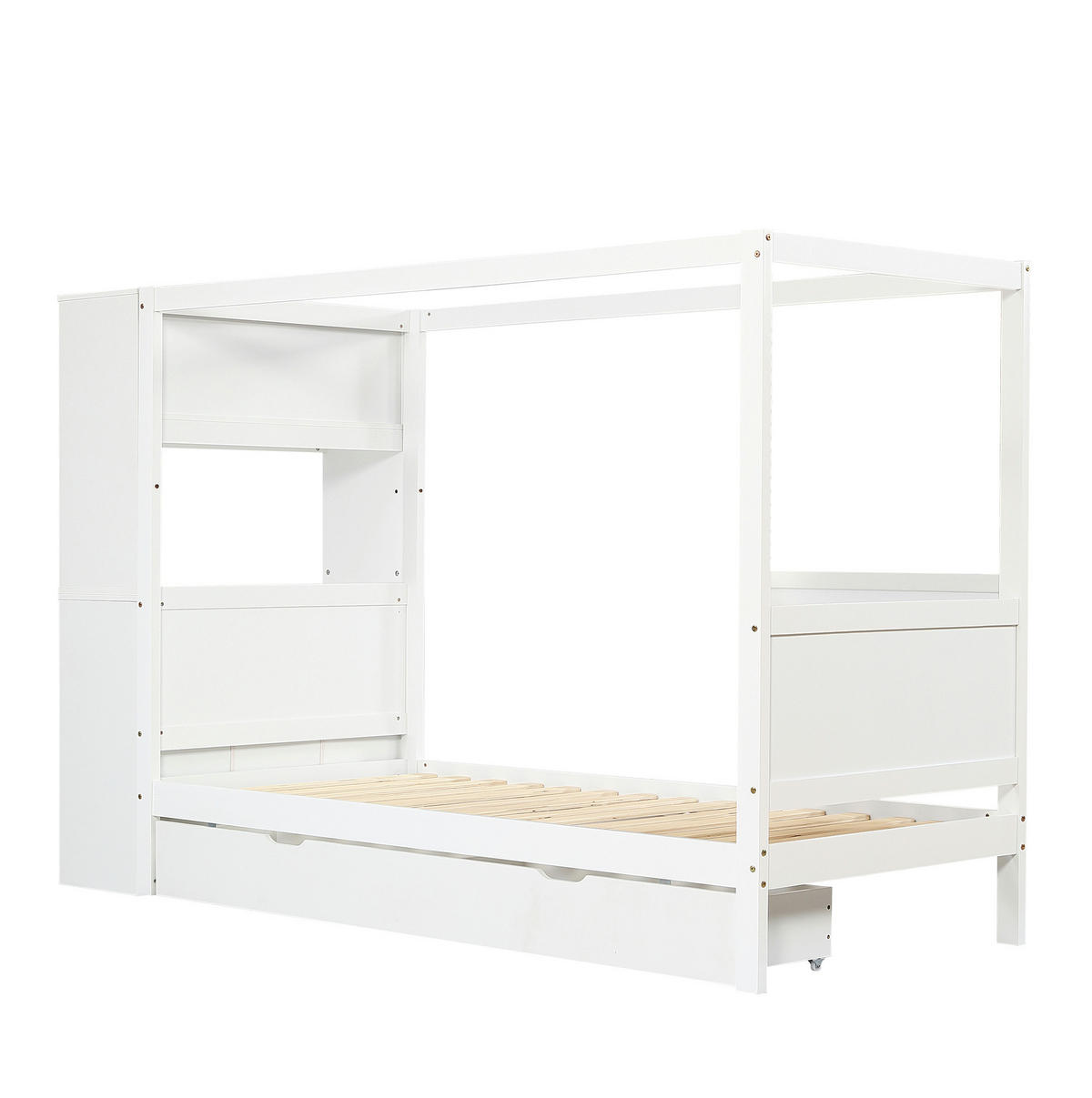 DETSKÁ posteľ 90/200 cm biela z masívneho dreva a MDF s úložným priestorom, zábranou a písacou plochou - biela, kompozitné drevo (90/200cm) - OKWISH