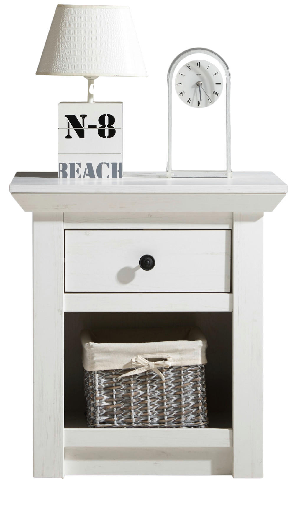 NACHTTISCH Pinie weiß Landhaus, Nachtkommode mit Schublade - Schwarz/Weiß, Holz/Holzwerkstoff (59/62/45cm) - Furn.Design