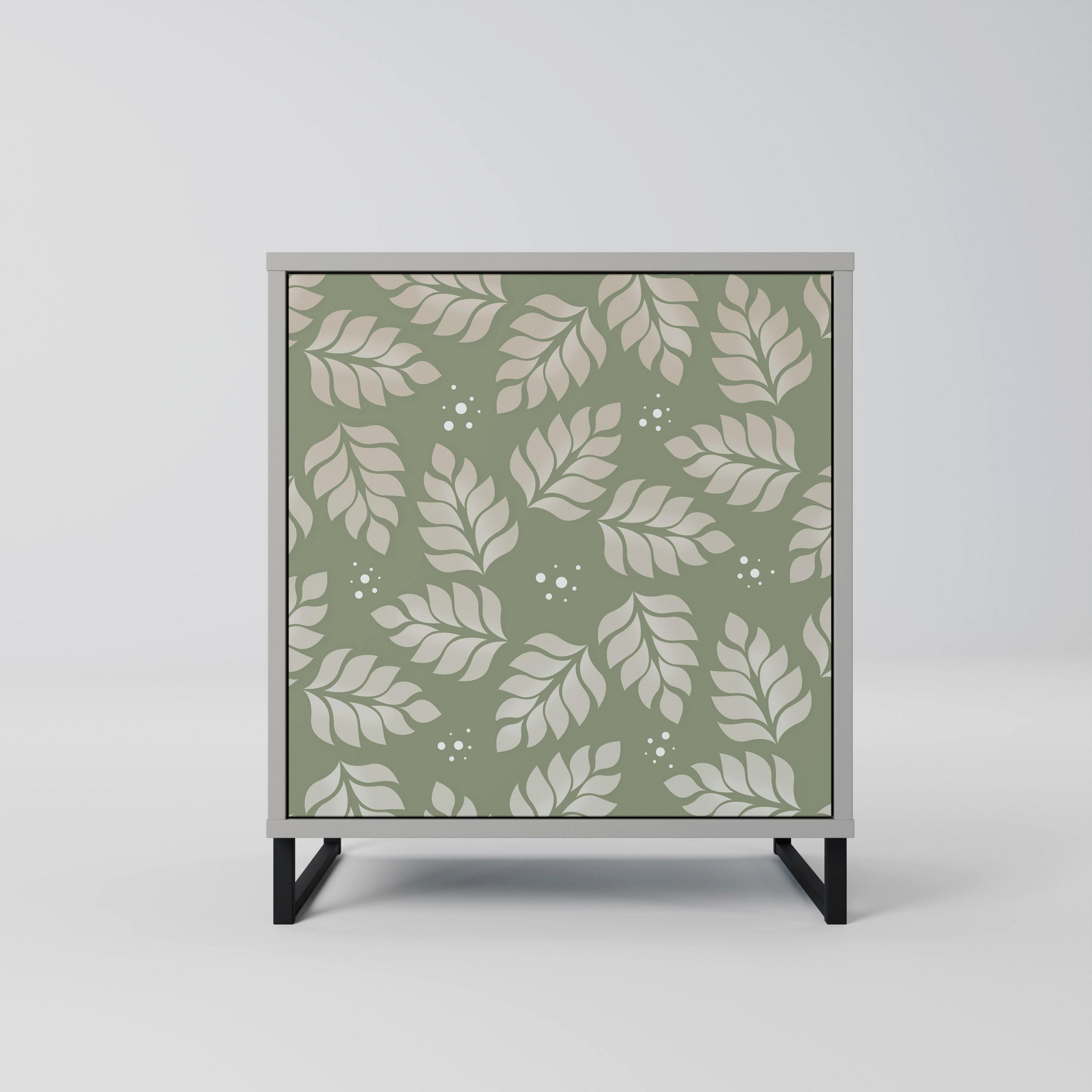 SIDEBOARD LEAVES ON GREEN, Grau, 57,5x42x67,5 cm, Schwarze Metall-Rahmenfüße - Multicolor/Schwarz, Holzwerkstoff/Metall (57.5/67.5/42cm) - SpaceRebels