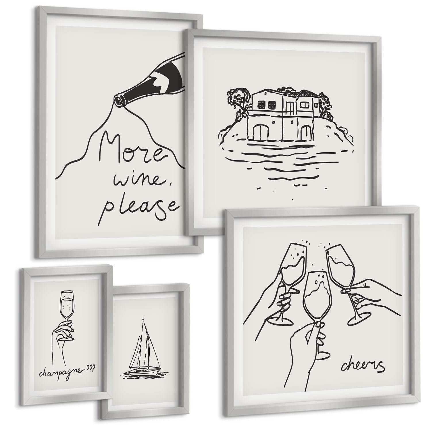 BILDER SET 5er Set - 50x50 cm & 20x30 cm & 40x60 cm Silberner Rahmen - Minimalistische Boho-Muster - Silberfarben, Kunststoff (40/60cm) - TULUP