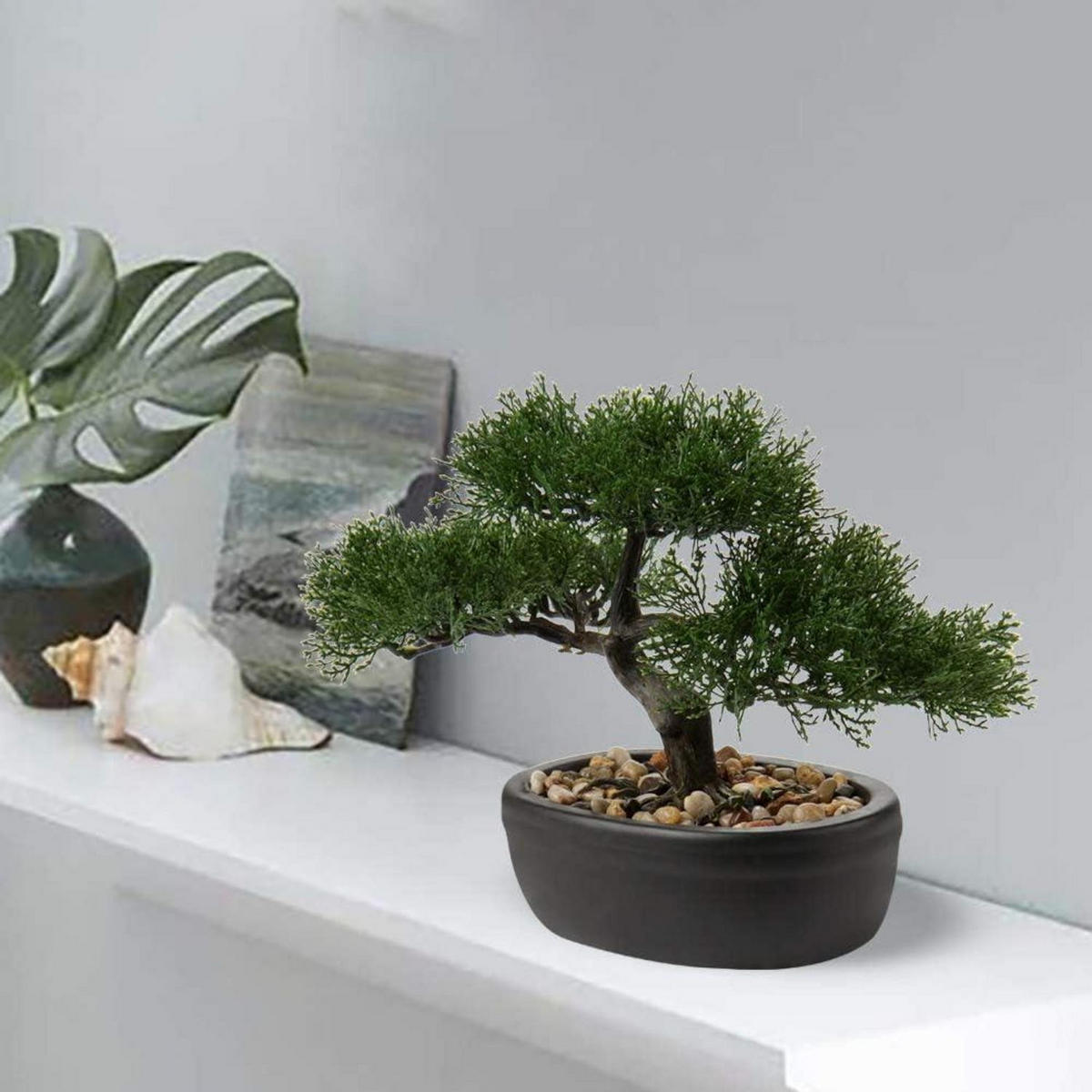 KUNSTBONSAI Zeder mit Keramik-Übertopf Schwarz 23 cm - Grün, Kunststoff (23cm)
