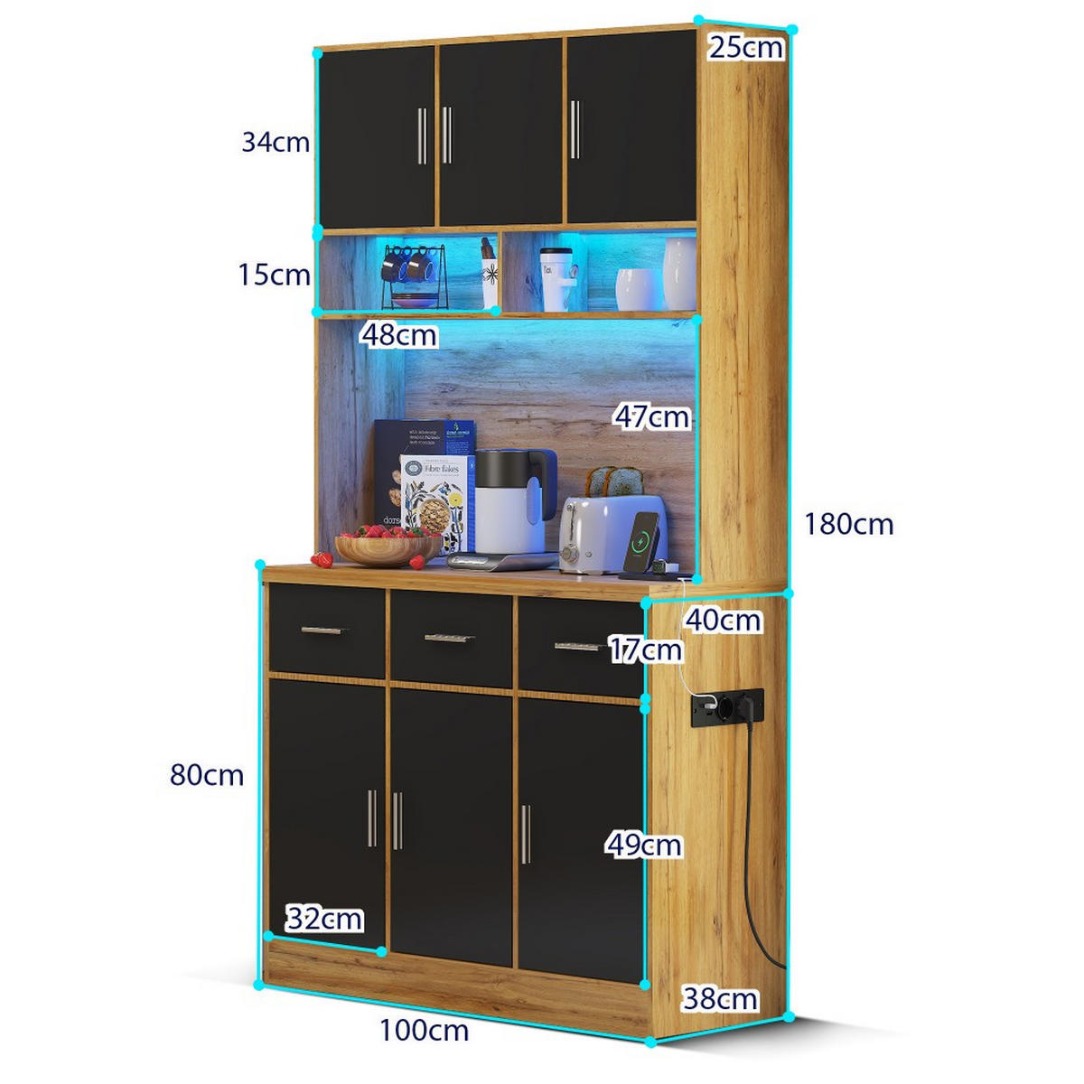 BUFFET 100x40x180cm in Naturfarbene Schrank - Schwarz, Holz (40/180/100cm) - KOMHTOM
